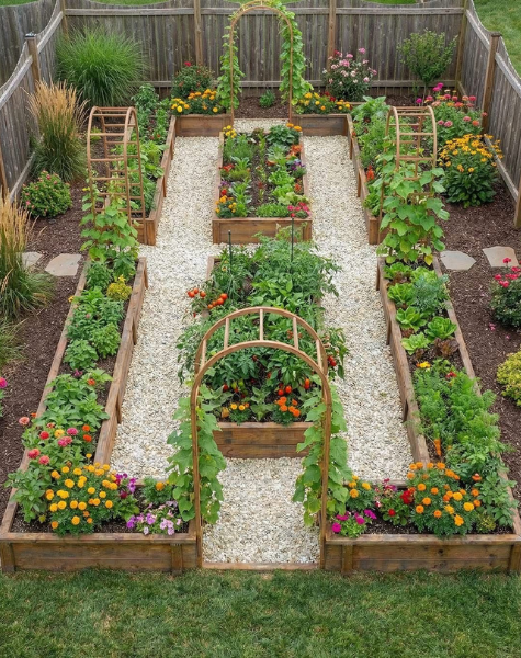 A large walk-through garden of planter beds