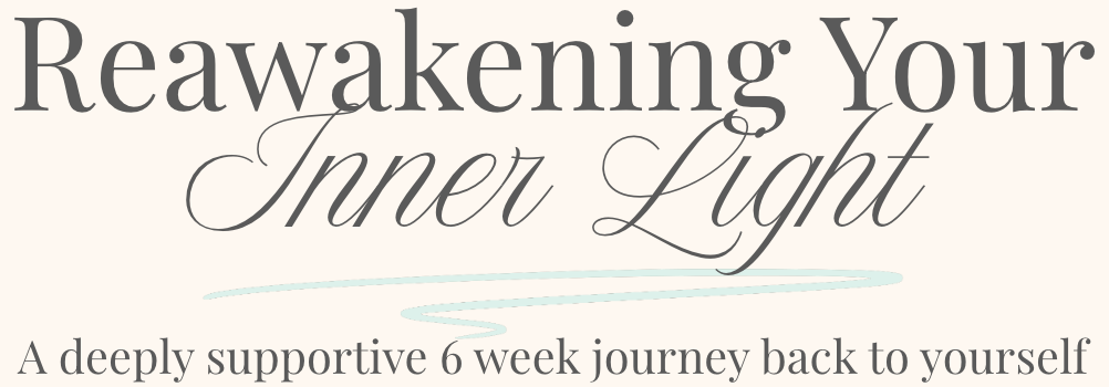 Book cover titled 'Reawaken Your Inner Light' with subtitle 'A deeply supportive 6 week journey back to yourself'.