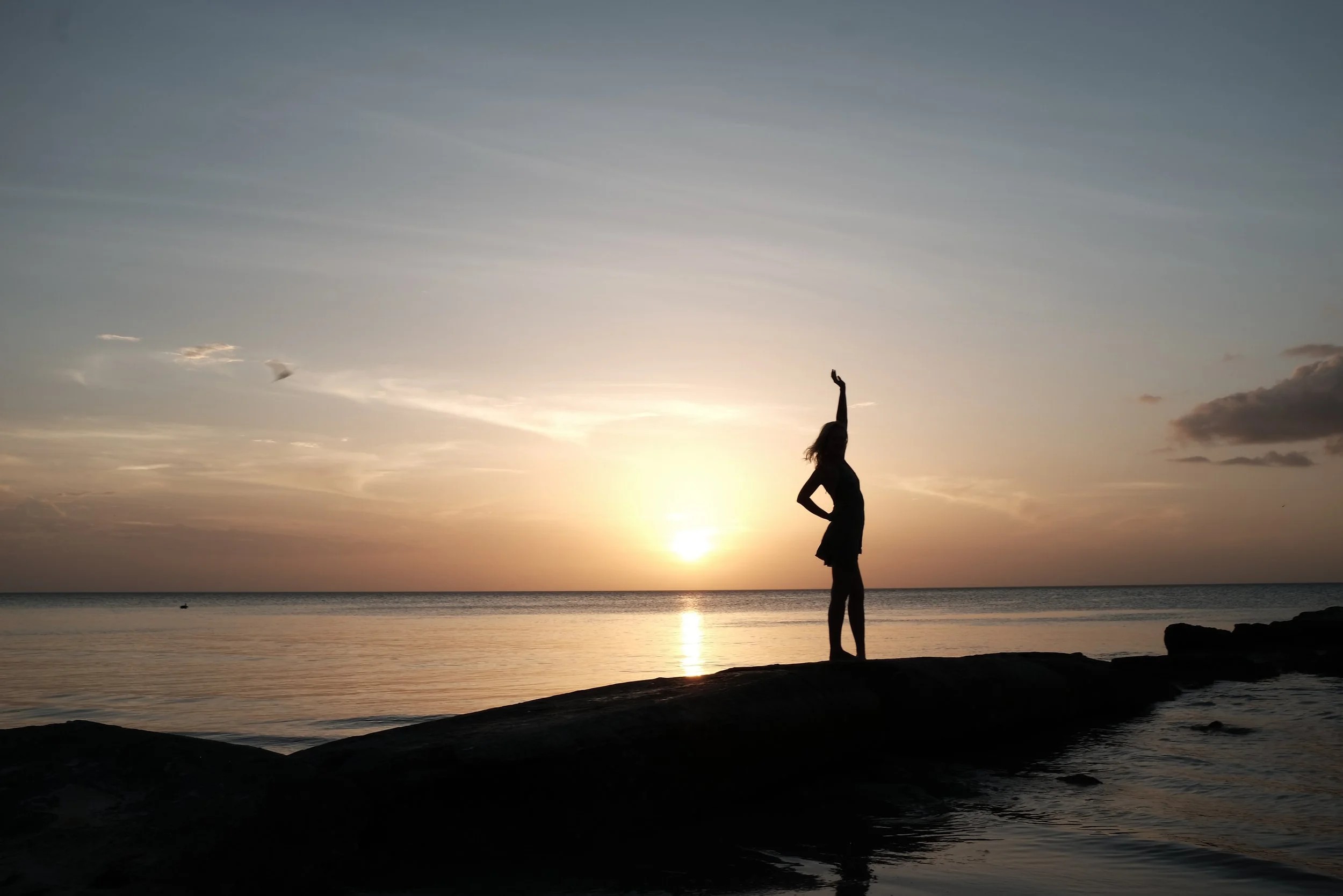 A silhouette of a person with one arm raised, standing on the beach during sunset with a calm sea and a few clouds in the sky.