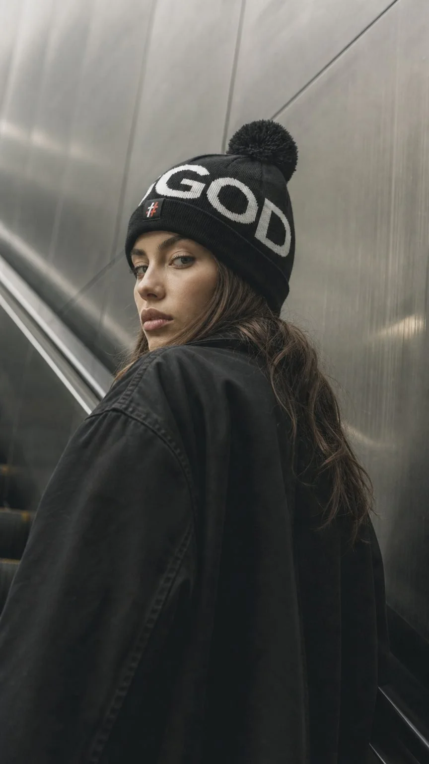 Woman on an escalator wearing a black #GOD pom beanie
