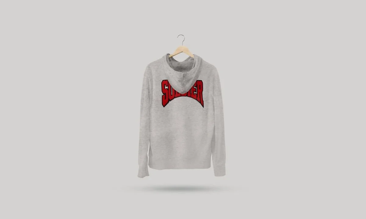 Heather Soldier hoodie with red chenille SOLDIER lettering on the back