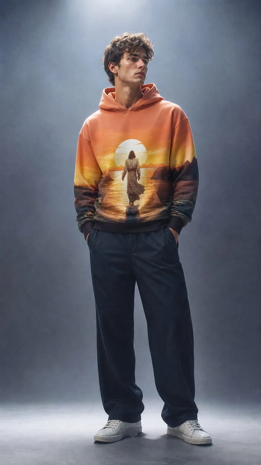 Man in an orange hoodie printed with Jesus walking on water at sunset