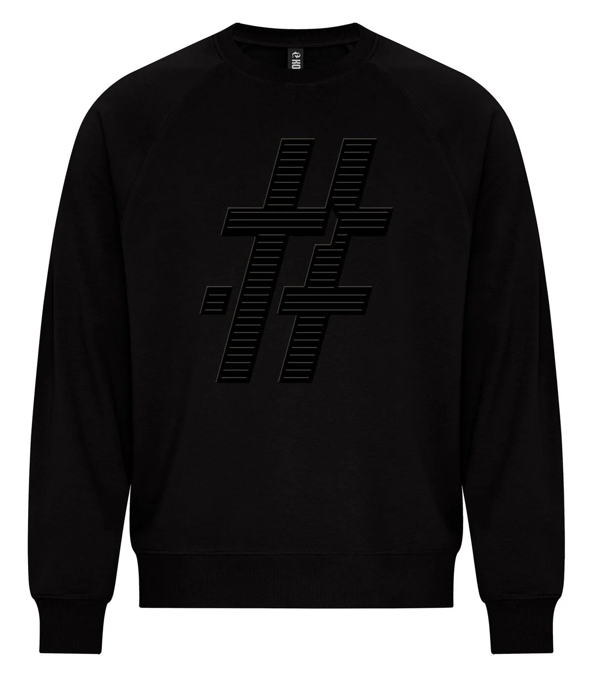 Black crewneck with a tonal embossed # cross