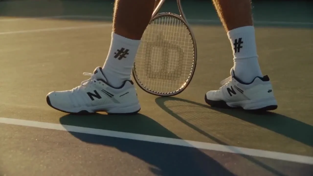 Close-up of a tennis player in # socks on court