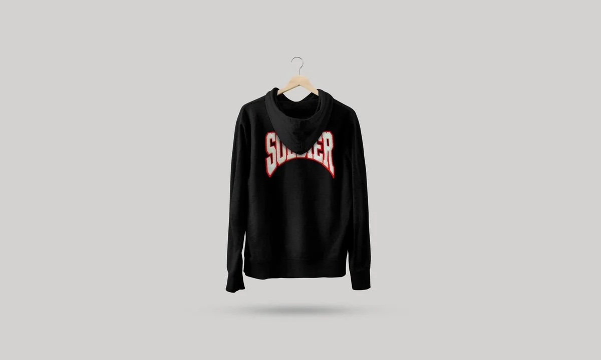 Black Soldier hoodie with white chenille SOLDIER lettering on the back