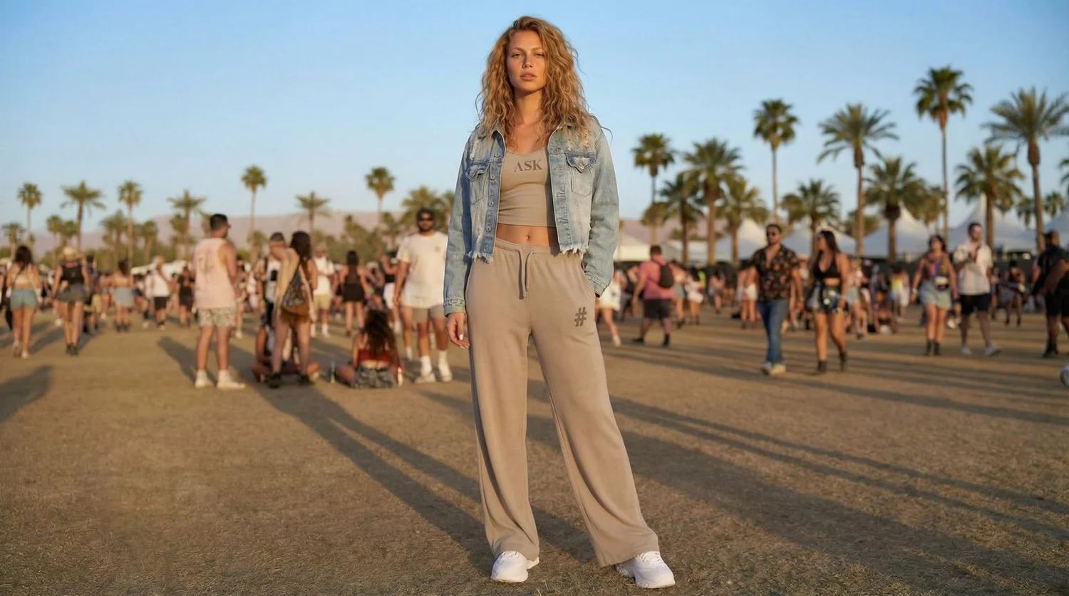 Woman in an ASK crop top and # sweatpants at a desert festival