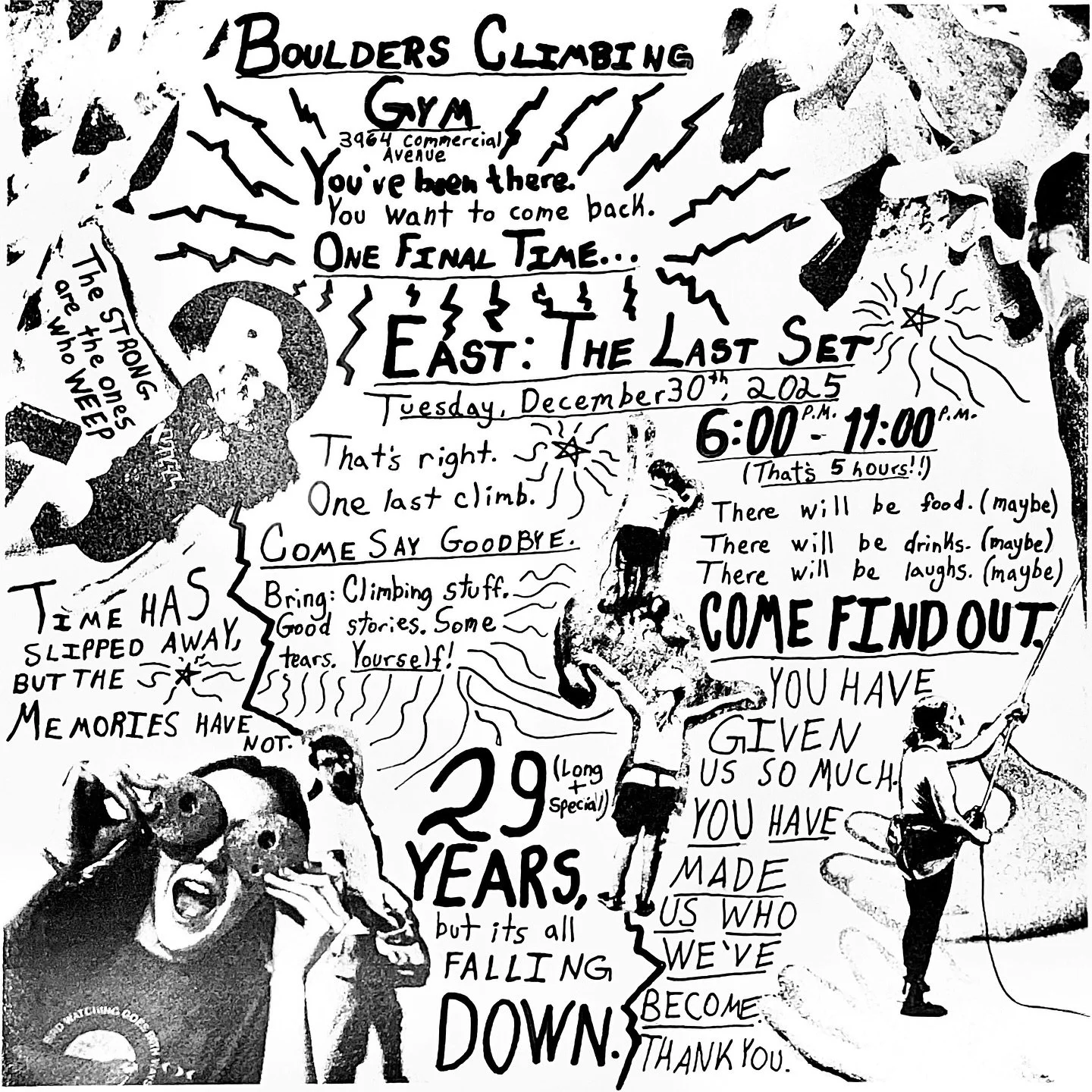 Please join us this Tuesday, December 30th for an Eastside Sendoff Party from 6-11 at the eastside gym.

We&rsquo;ll have food, beverages, souvenirs, and time to share memories of this gym that&rsquo;s meant so much to so many of us.

Bring a pre-was