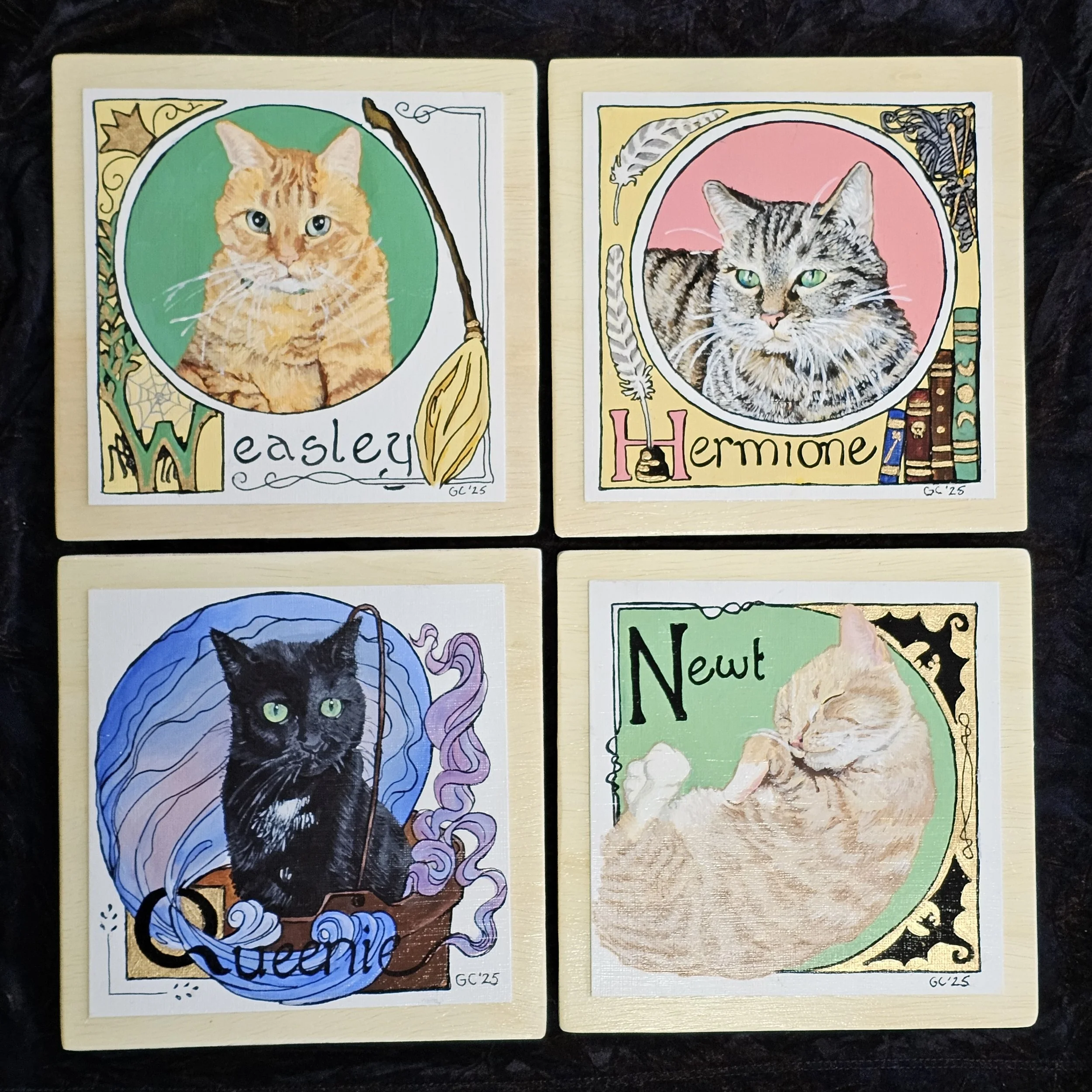 Clowder of cats, acrylic mounted on wood, 2025