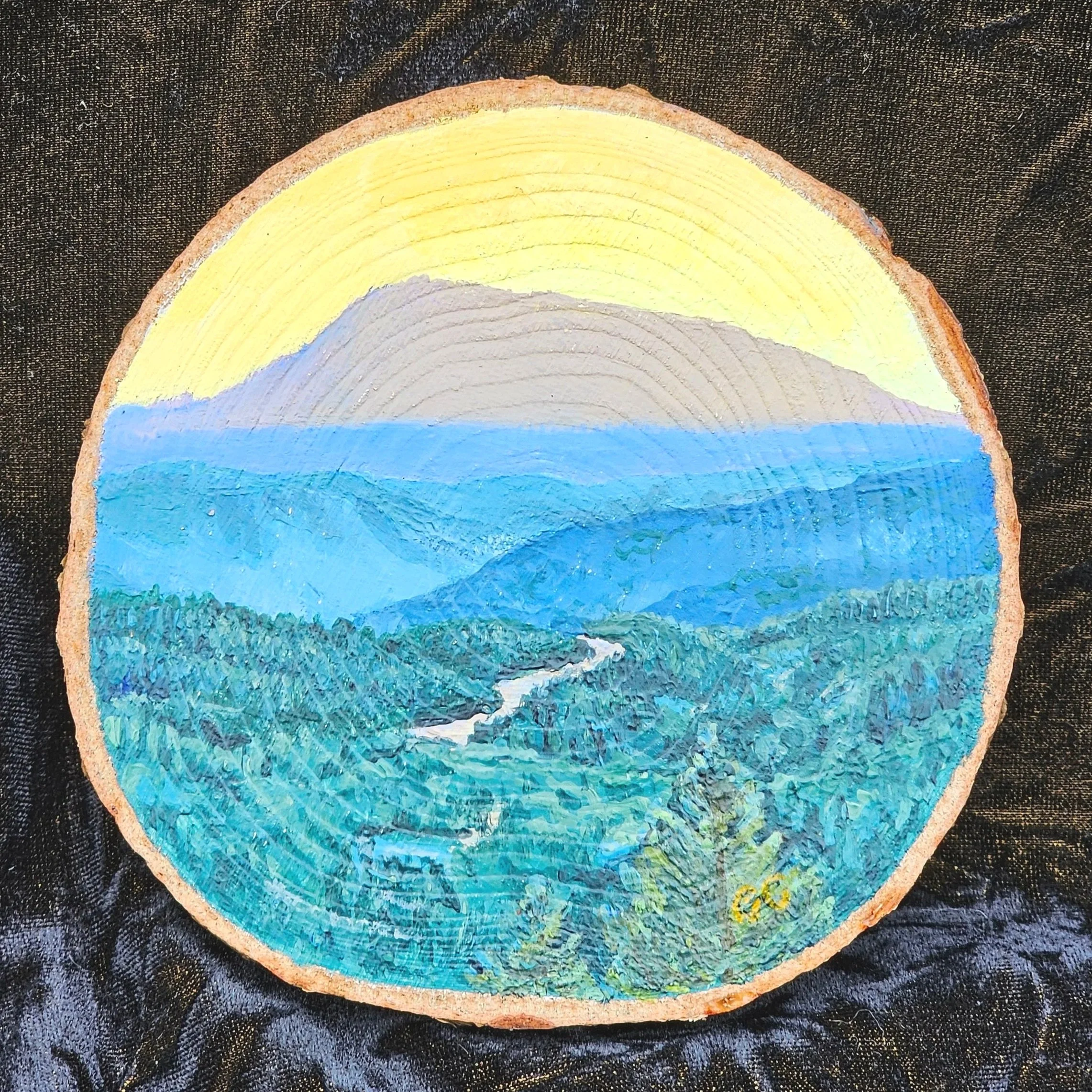 Marys Peak, acrylic on wood cookie, 2025