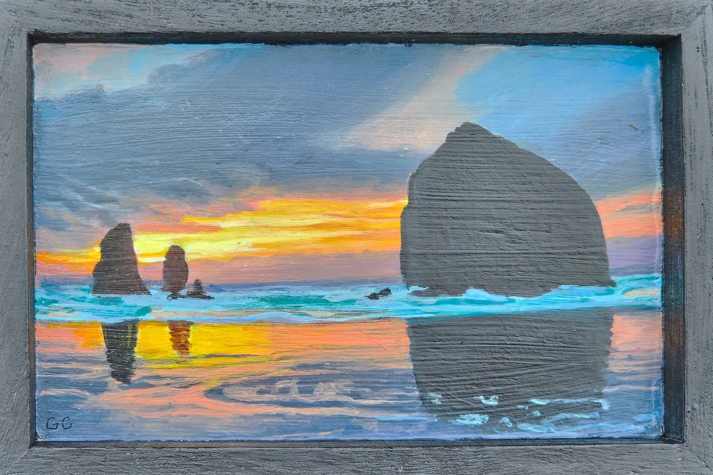 Cannon Beach at sunset, acrylic on wood 2025