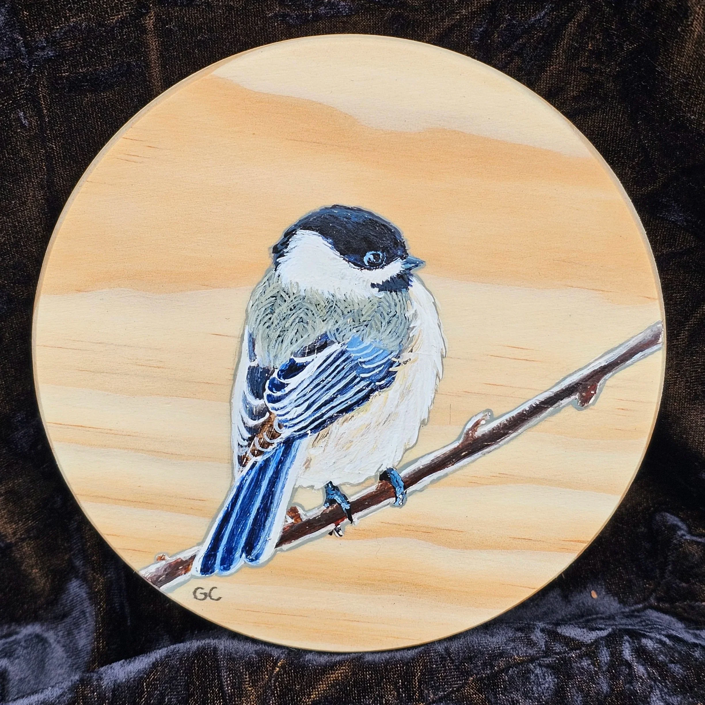Chickadee, acrylic on wood 2025