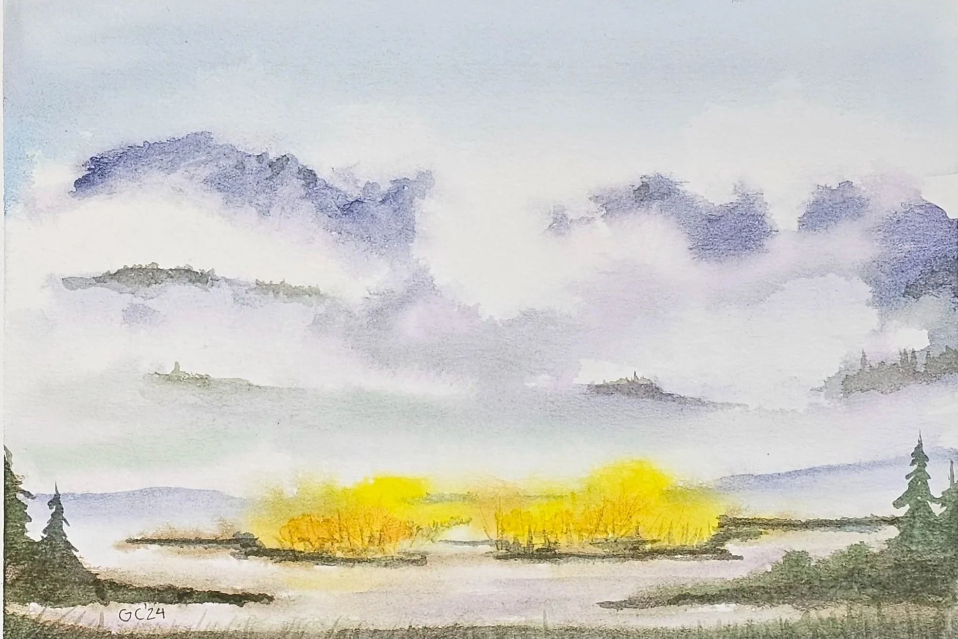 Golden trees, watercolor study, 2024
