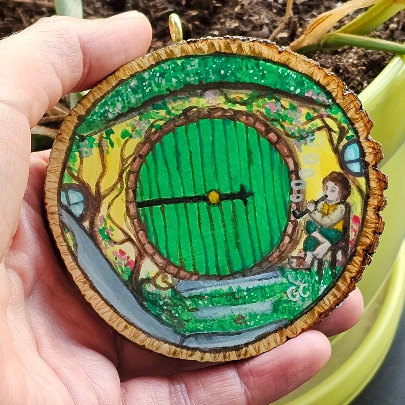 Hobbit Hole: Good morning! gouache on wood cookie with resin, 2023