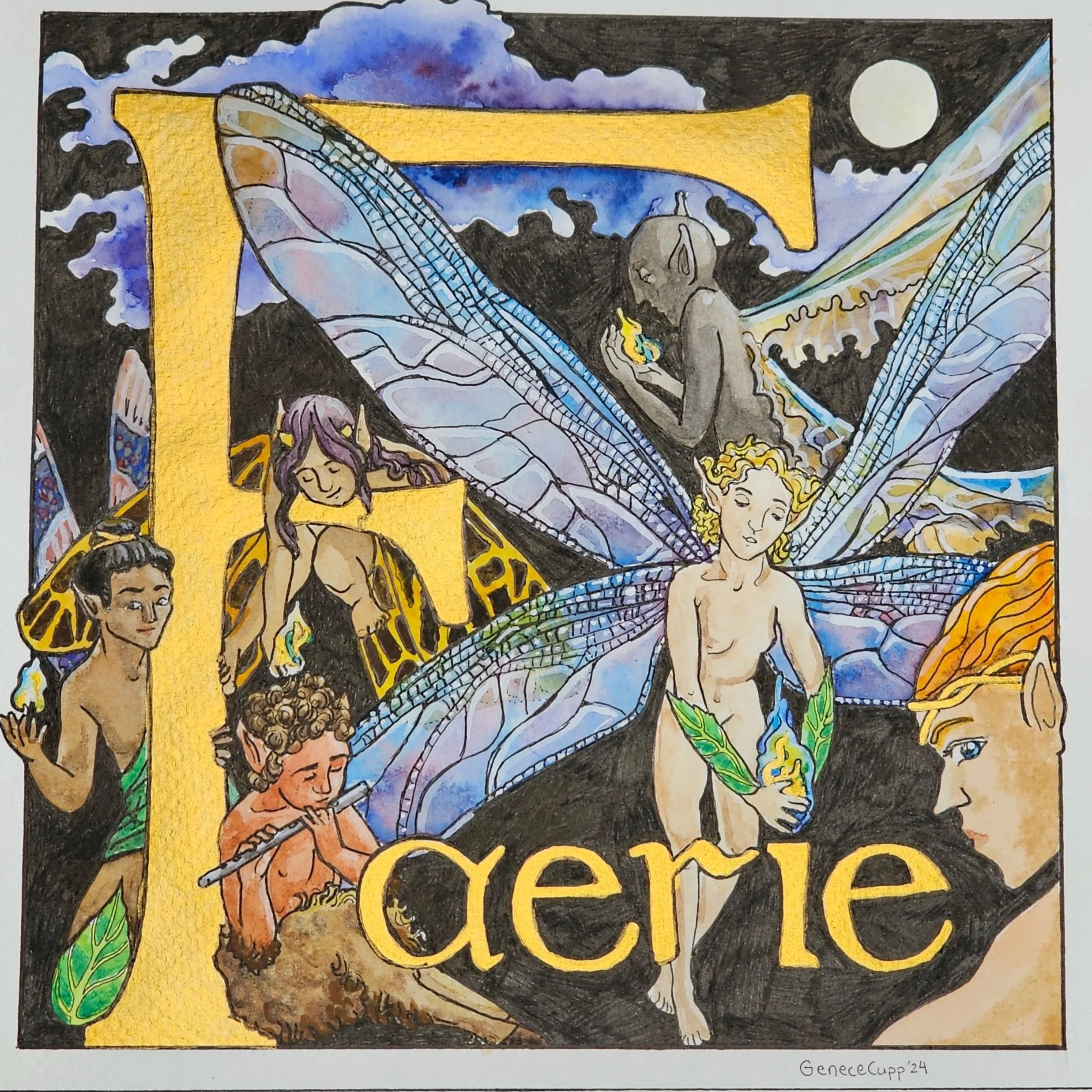 Faerie illustration, ink and watercolor, 2025