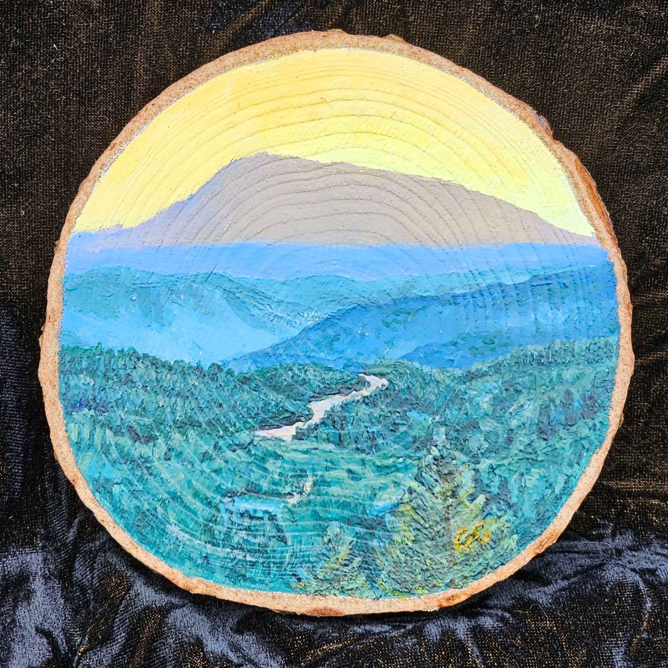 Marys Peak OR,  acrylic on wood cookie, 2025