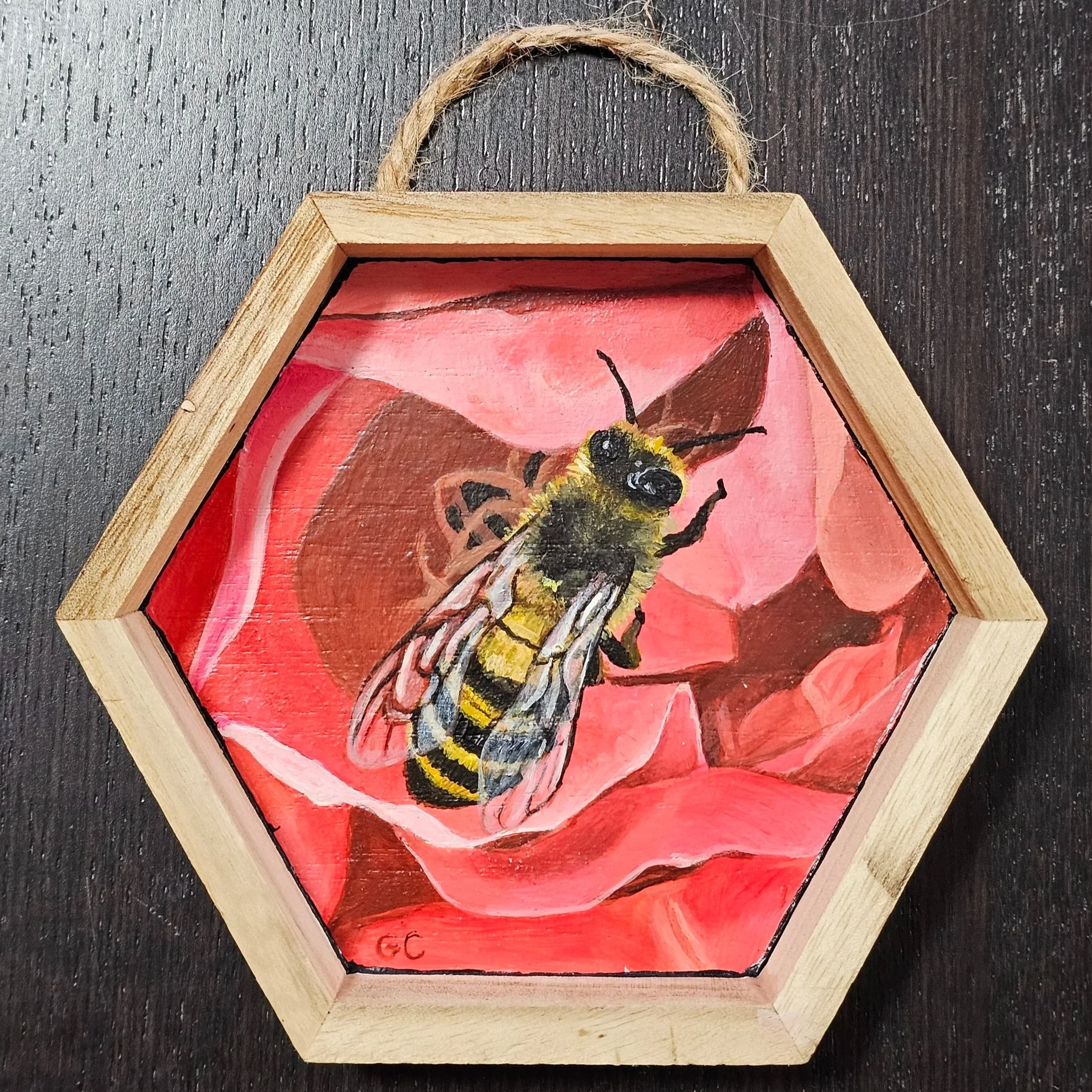 Bee in a Rose, acrylic on wood, 2025
