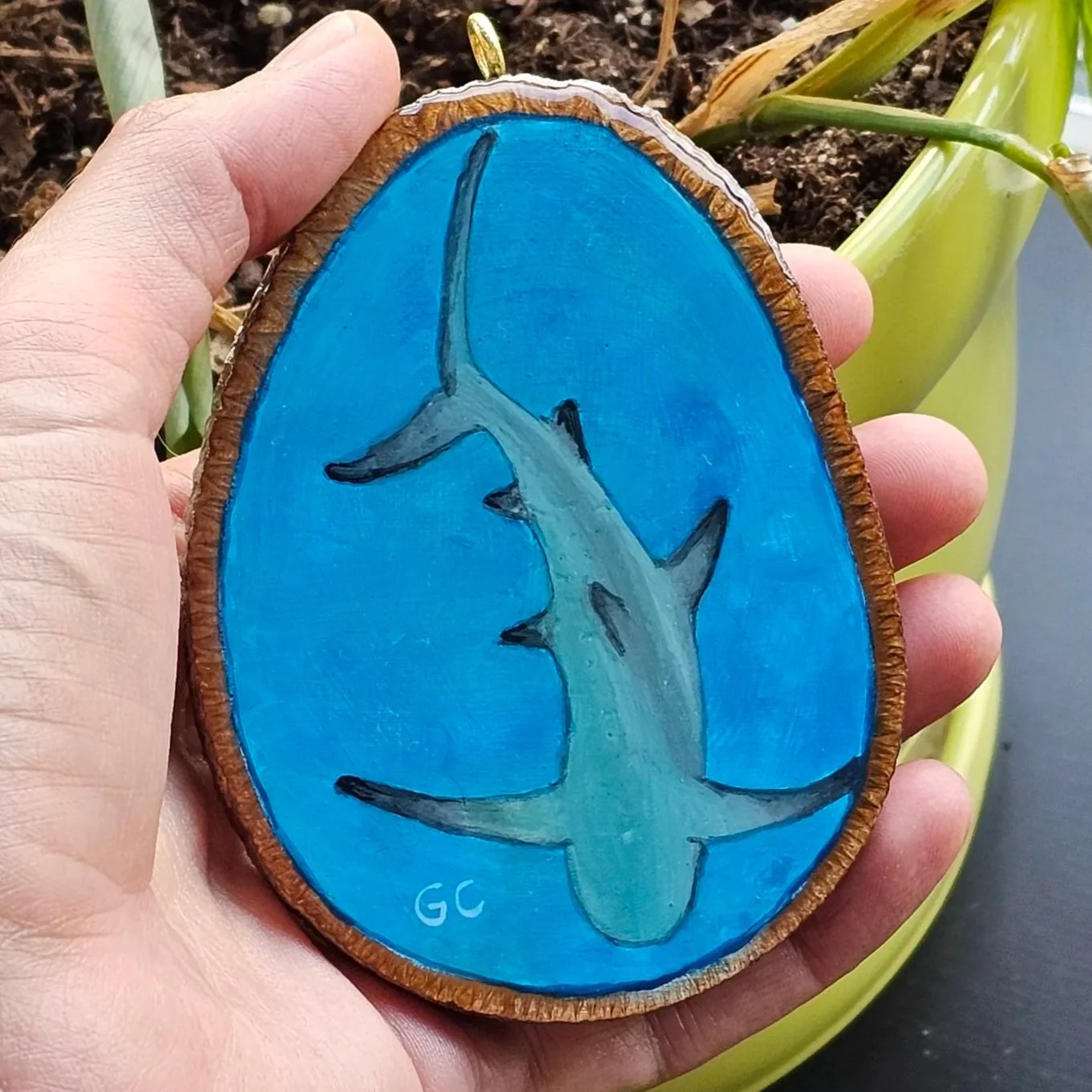 Shark on a wood cookie, gouache and resin 2023