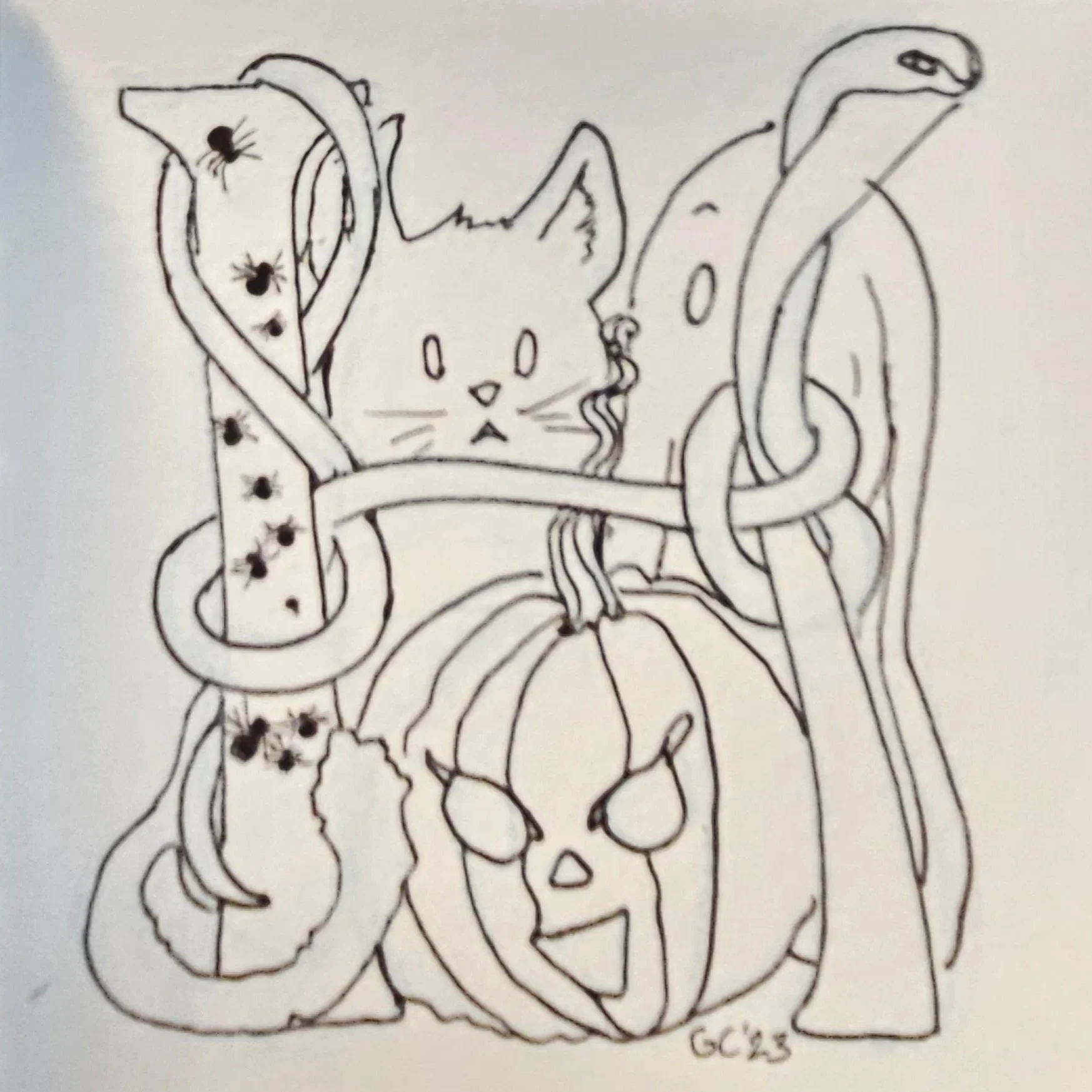 Illuminated H: halloween, pen and ink 2023
