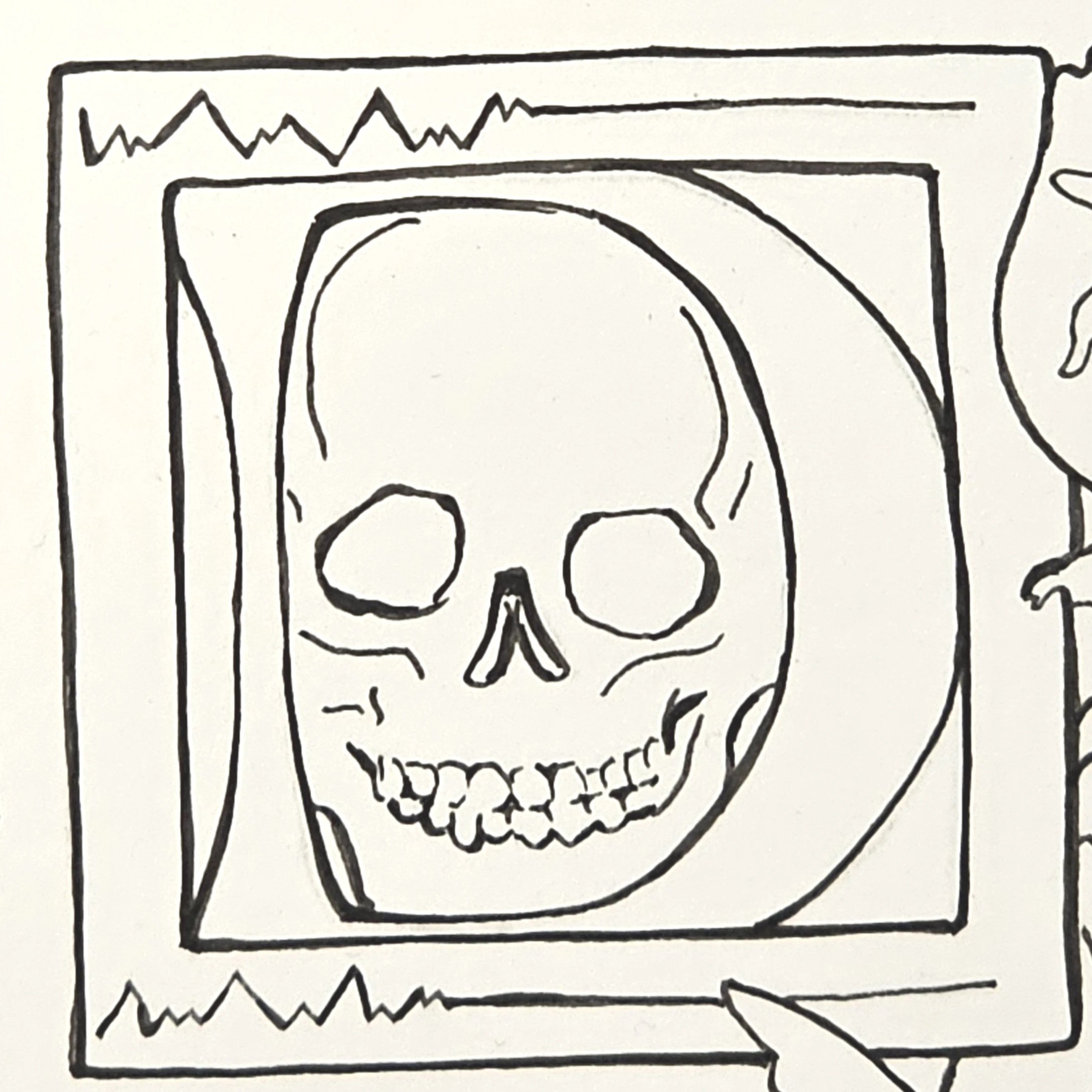 Illuminated D: death, pen and ink, 2023