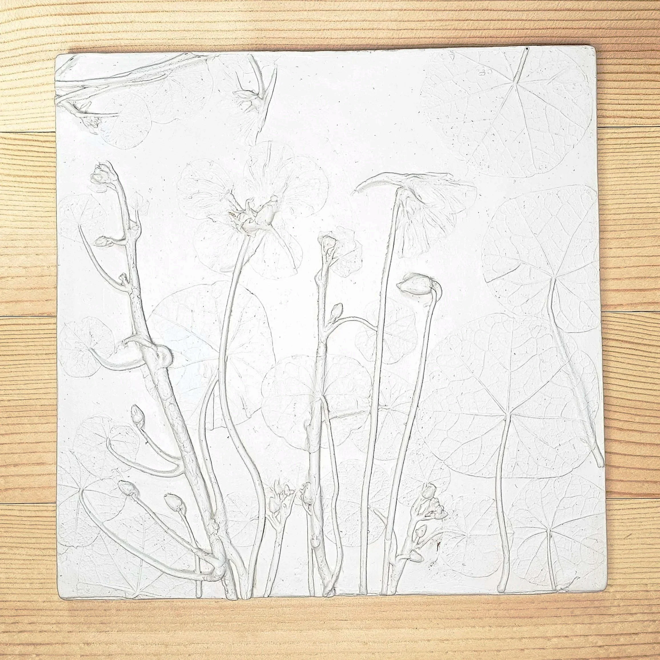 Nasturtiums plaster relief sculpture on wood, 2025