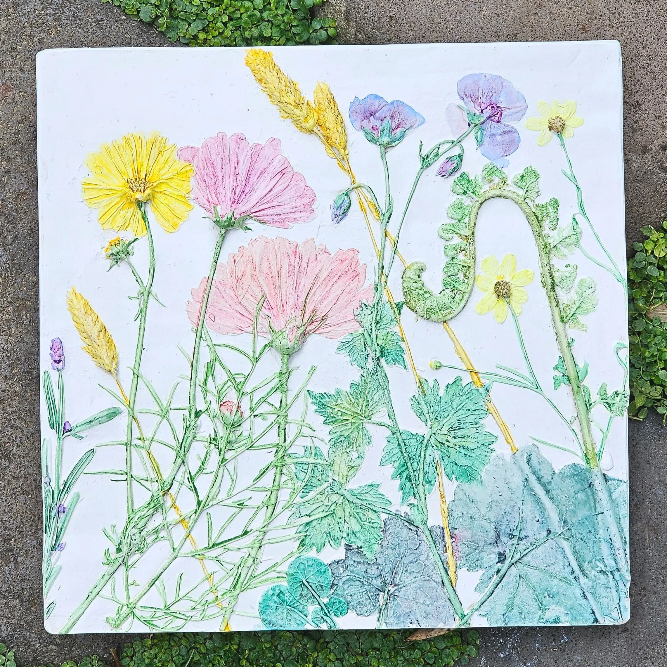 Summer wild flower plaster relief sculpture, painted, 2025
