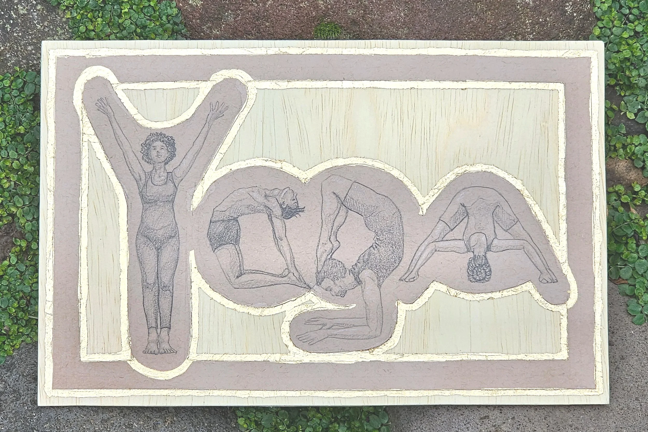 Yoga logo, pencil and gold leaf on wood, 2025