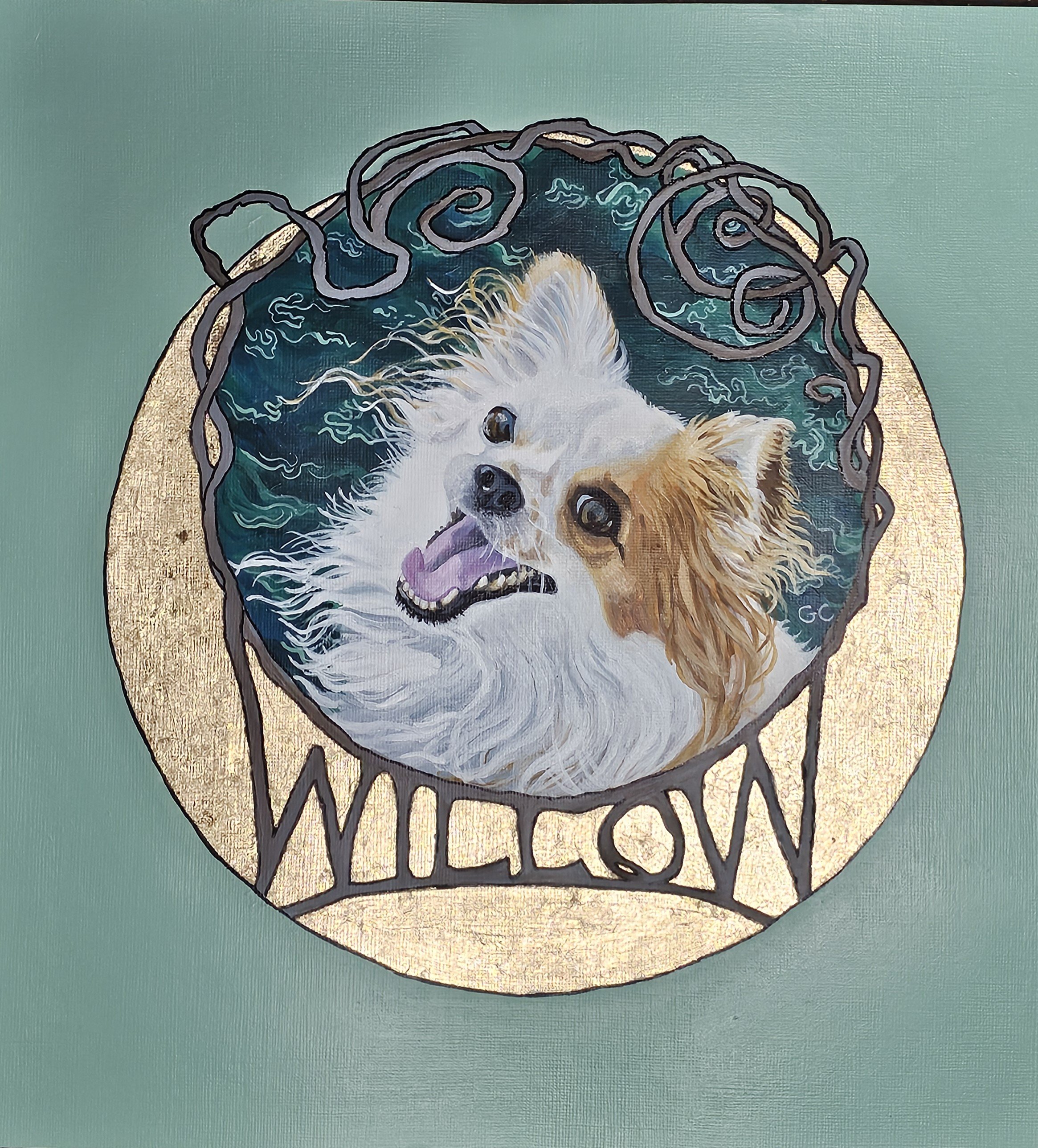 Willow Fluffgood, 12 x 12 acrylic and gold leaf on canvas paper, 2024