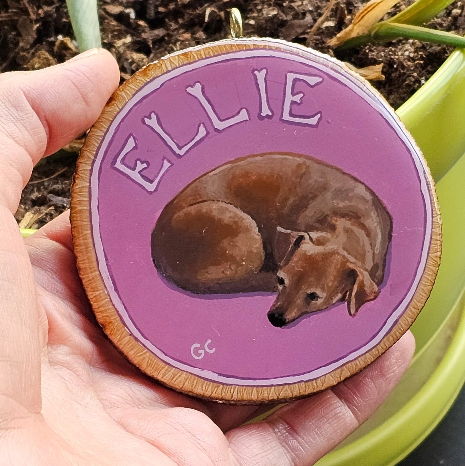 Ellie, gouache and resin on wood cookie, 2023