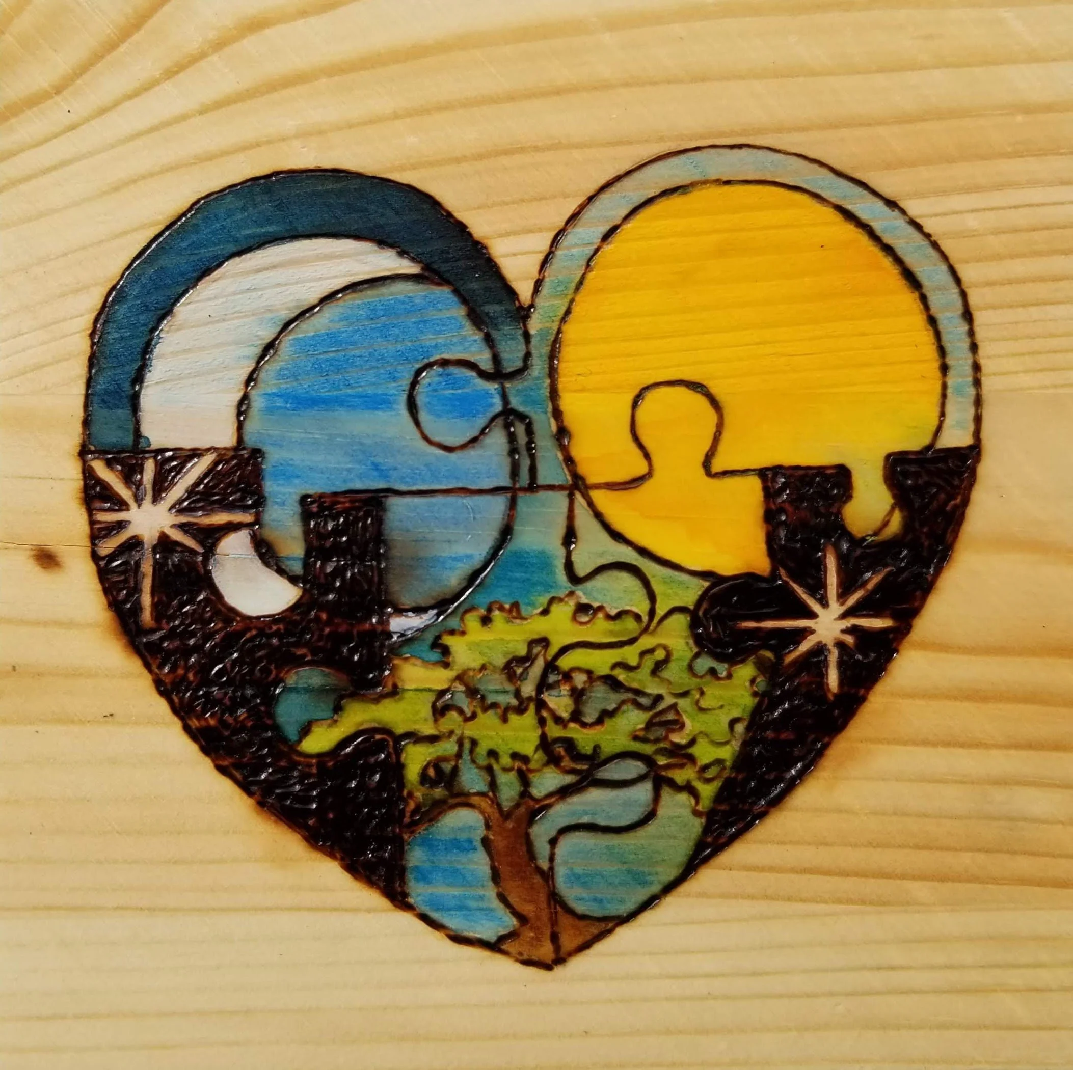 Missing Pieces: stardust, woodburning and watercolor, 2022