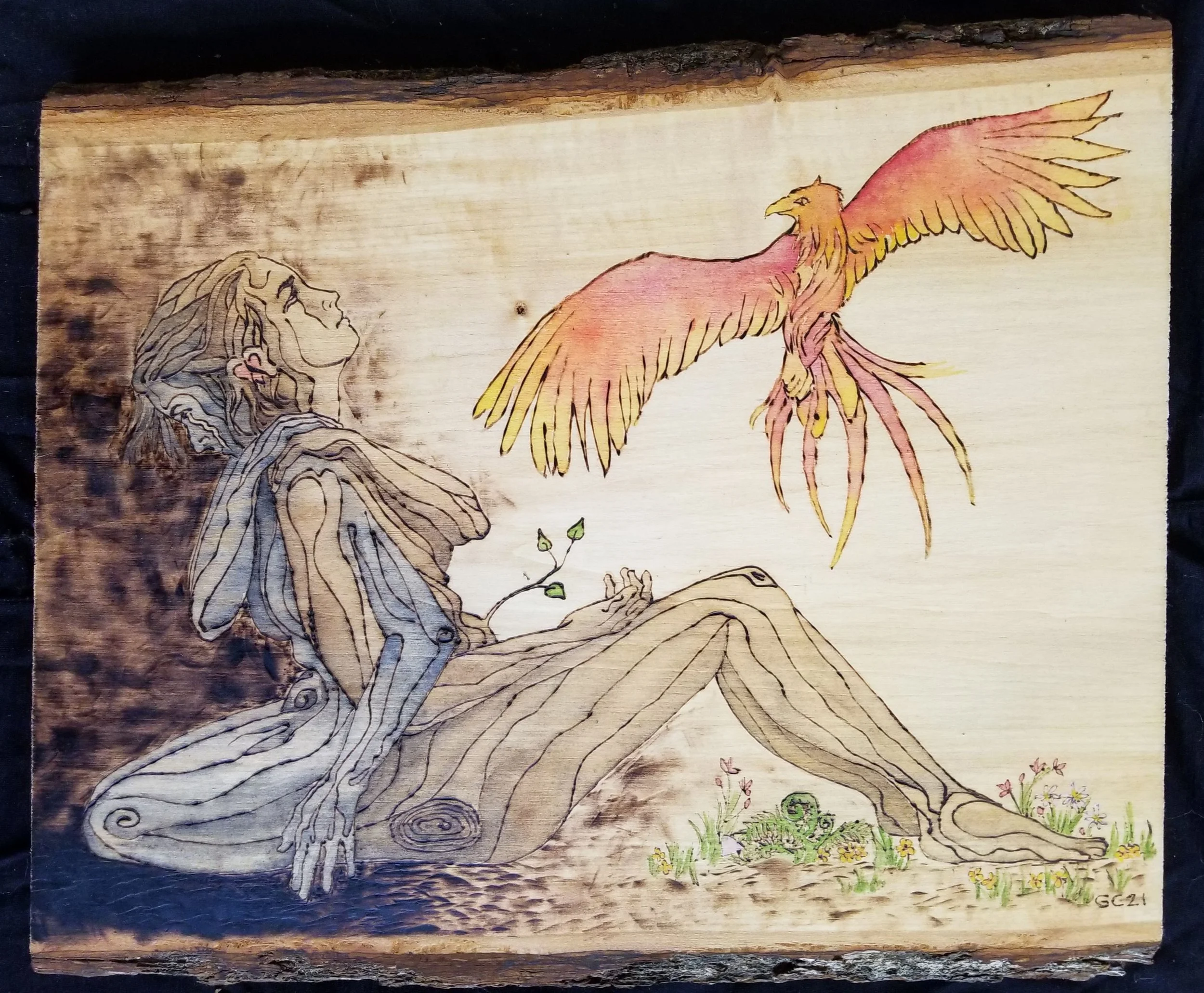 Imagining the Future after Loss, woodburning with watercolor, 2021