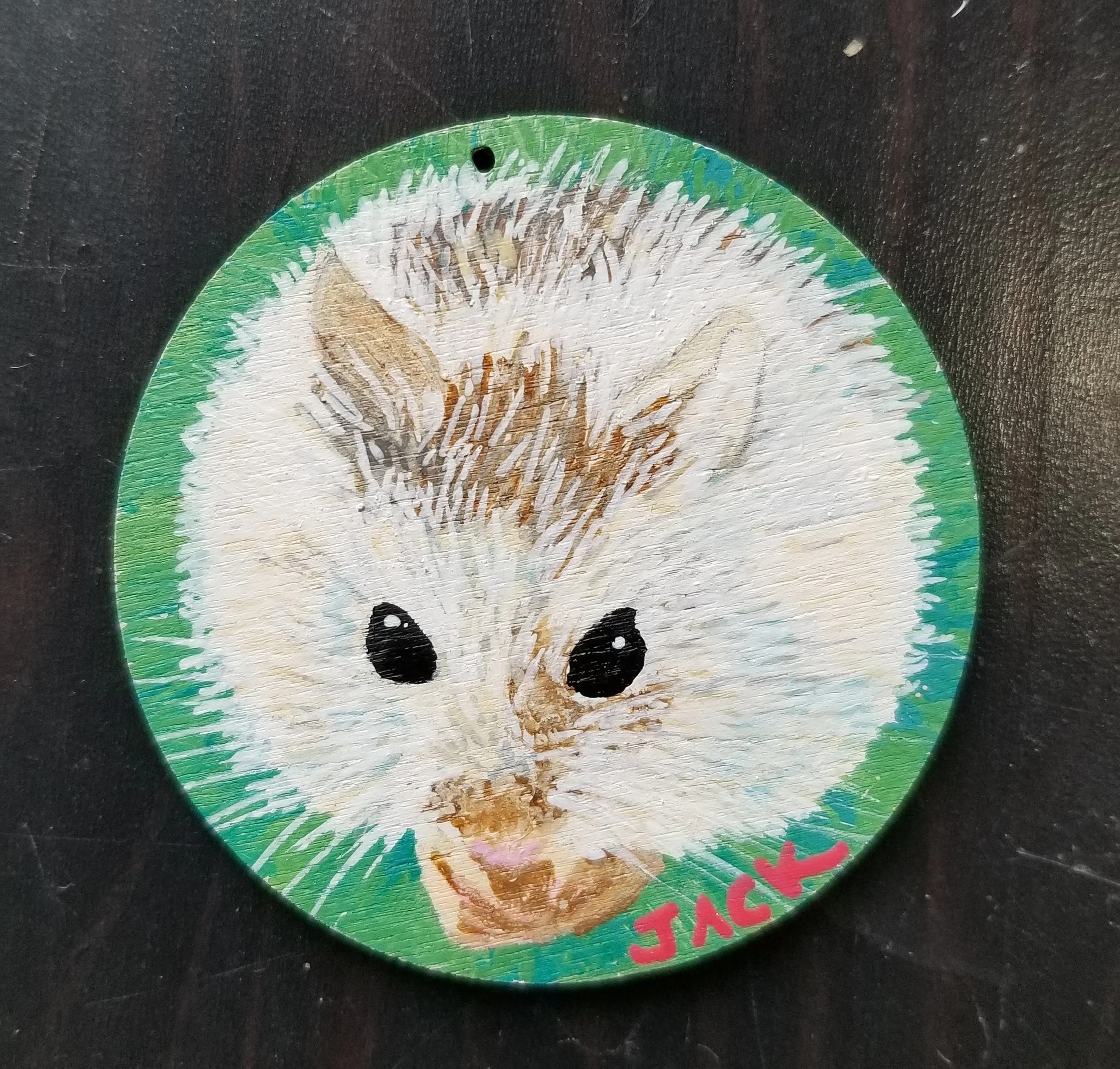Jack, 2 inch acrylic pendant on wood, 2022