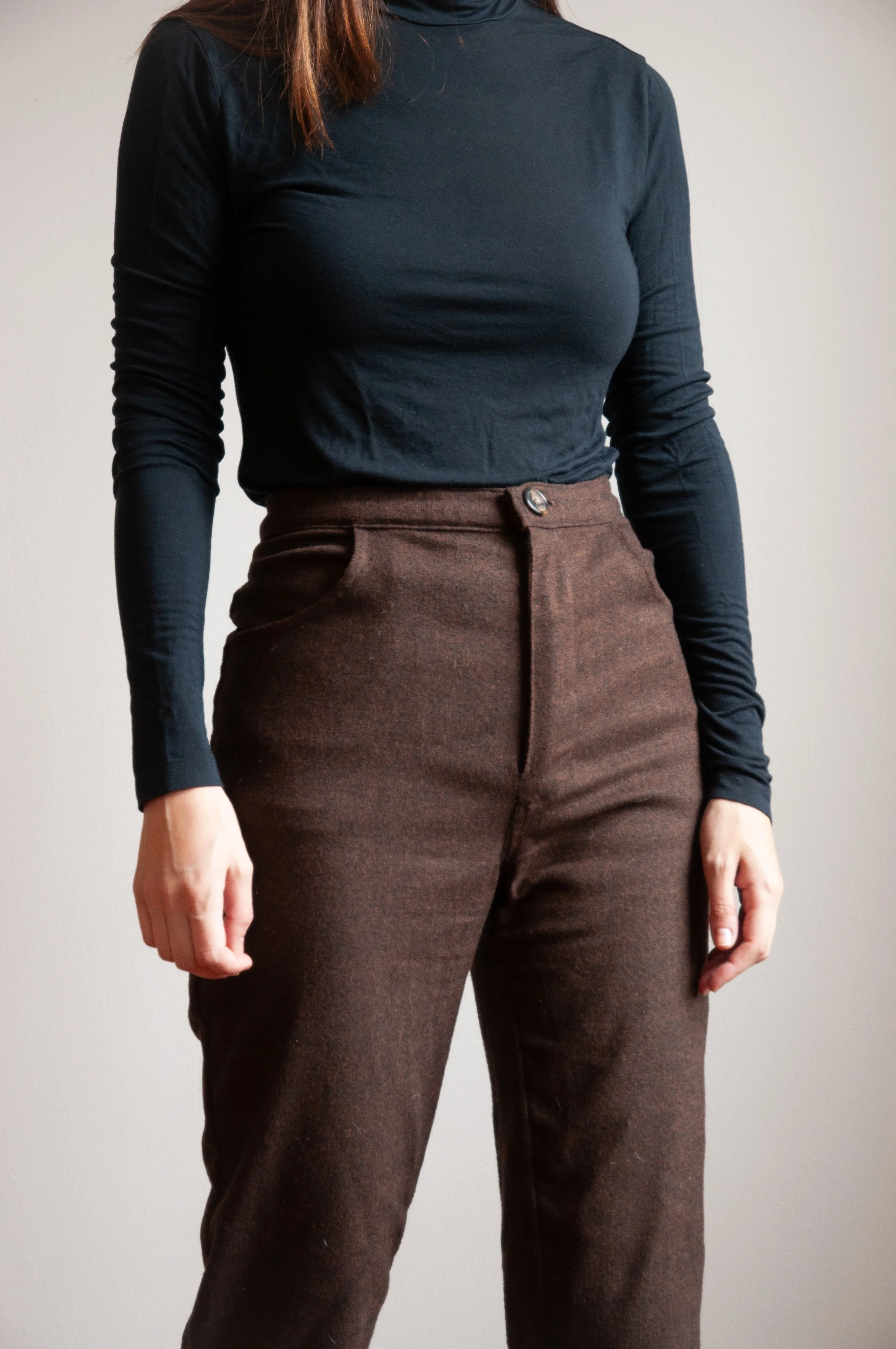 Pants: modified vintage McCall's "5 Hour Jeans" pattern; brown wool.