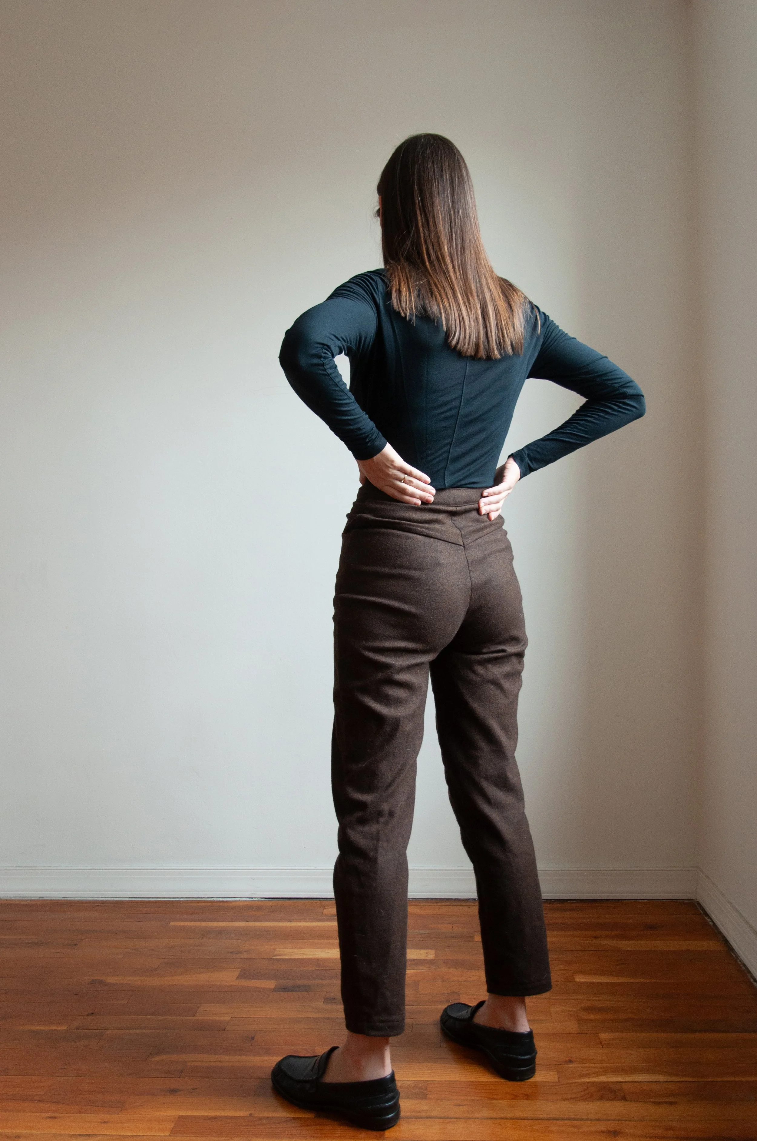 Pants: modified vintage McCall's "5 Hour Jeans" pattern; brown wool.