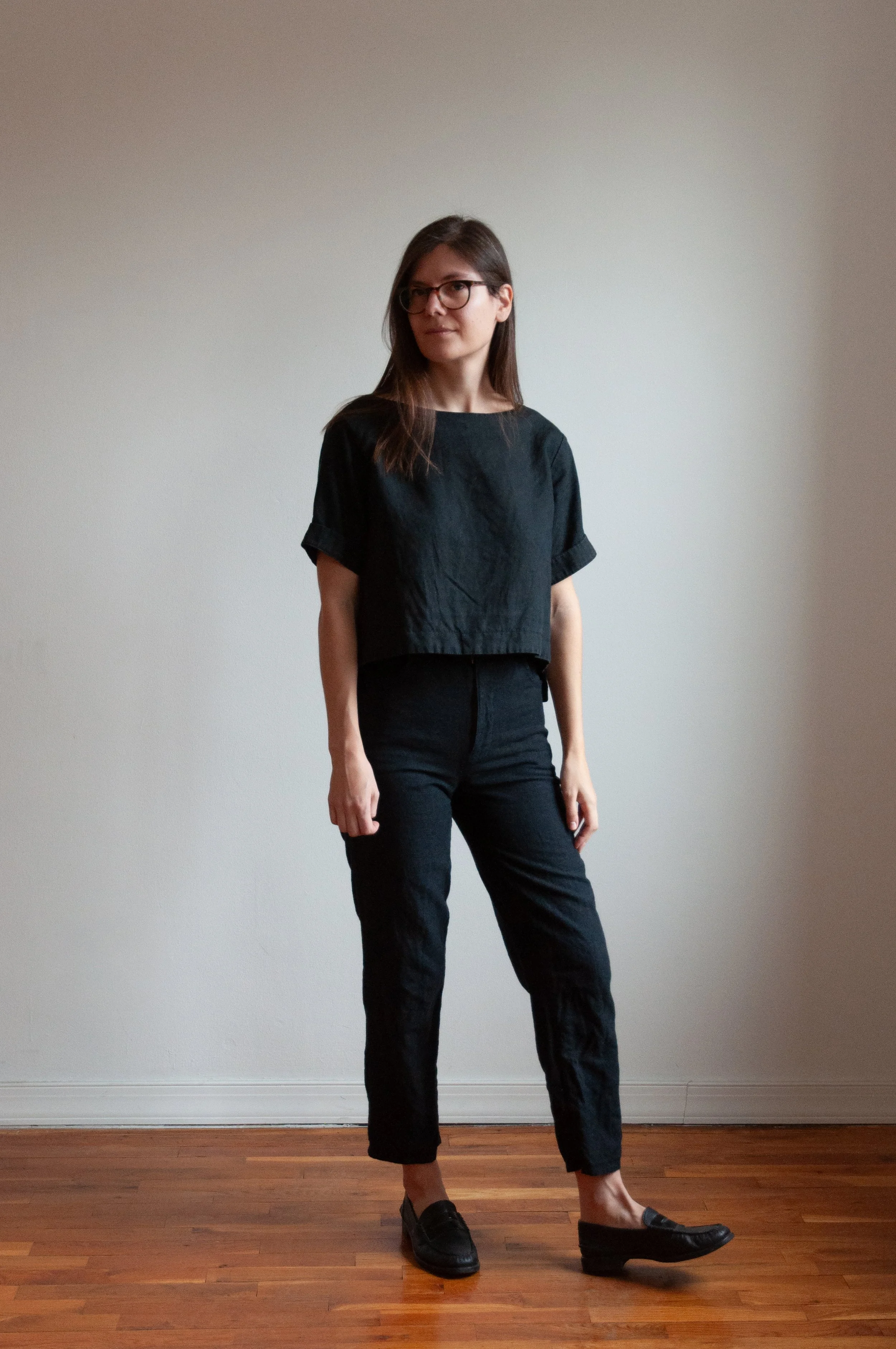 Pants: modified vintage McCall's "5 Hour Jeans" pattern; deadstock Steven Alan wool blend. 
Top: Pattern by Top Draw Studio; black linen.