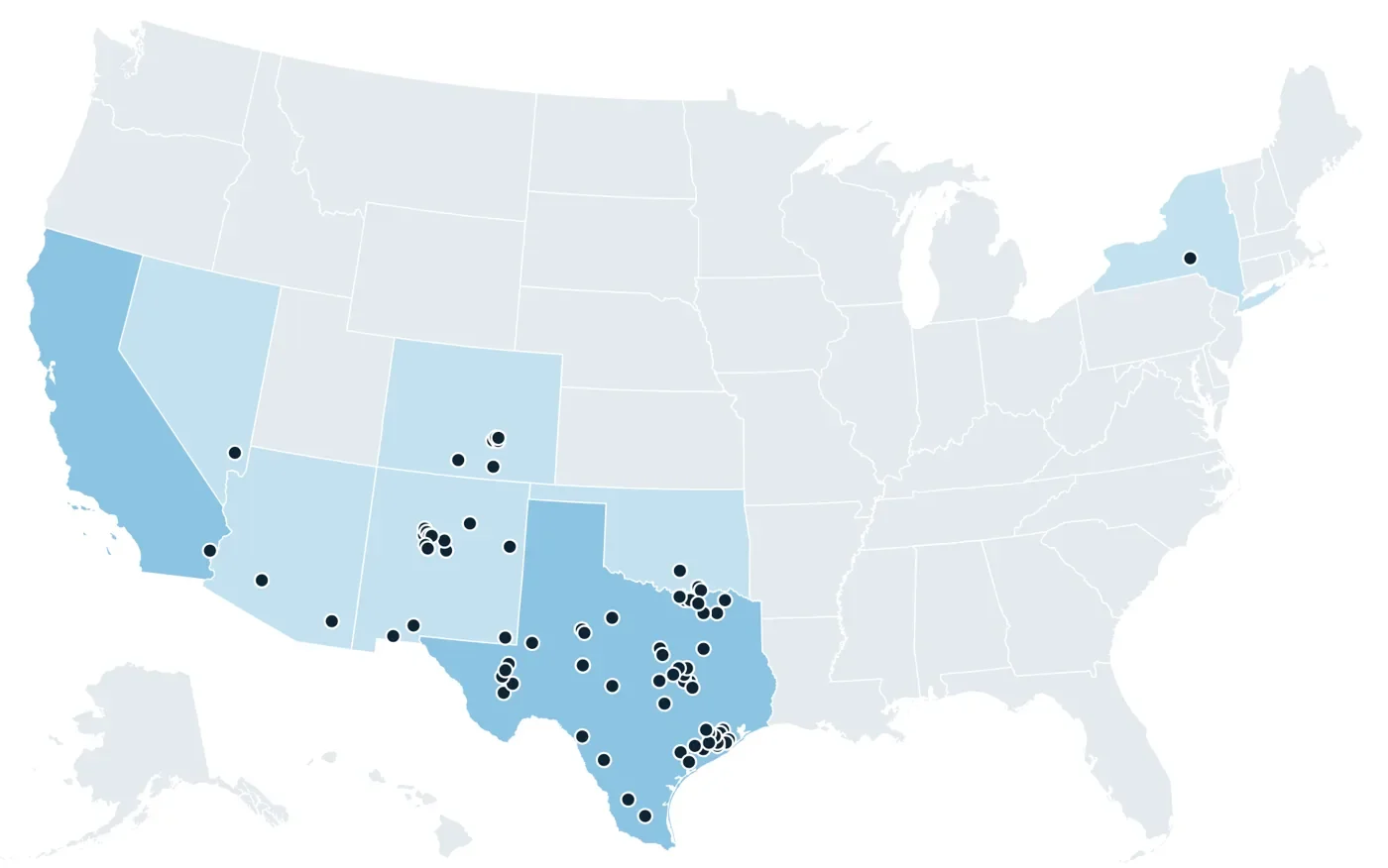 US map of the 81 sites Inti has serviced in Texas, New Mexico, Colorado, Oklahoma, Arizona, California, Nevada and New York