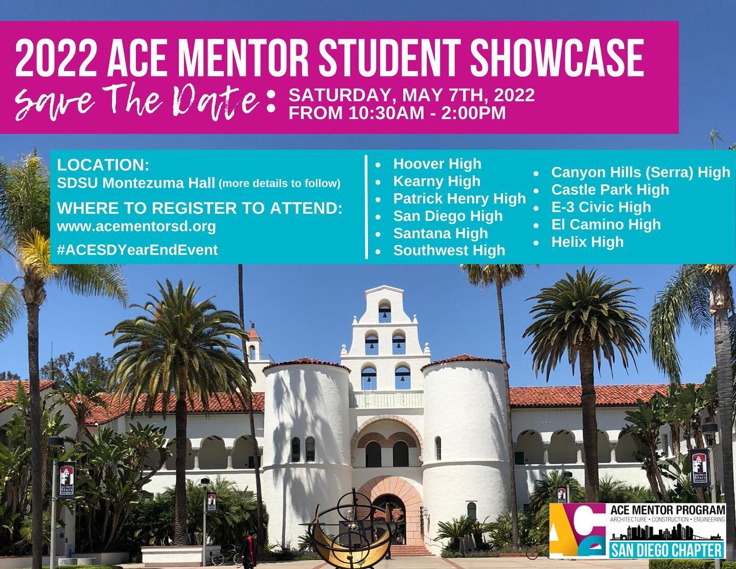 ACE Students, Mentors, Teachers and Parents mark your calendars! The 2022 ACE Mentor San Diego Student Showcase and Scholarship Awards will be held on Saturday, May 7th, from 10:30 a.m. to 2:00 p.m.

ACE students will be presenting their final projec