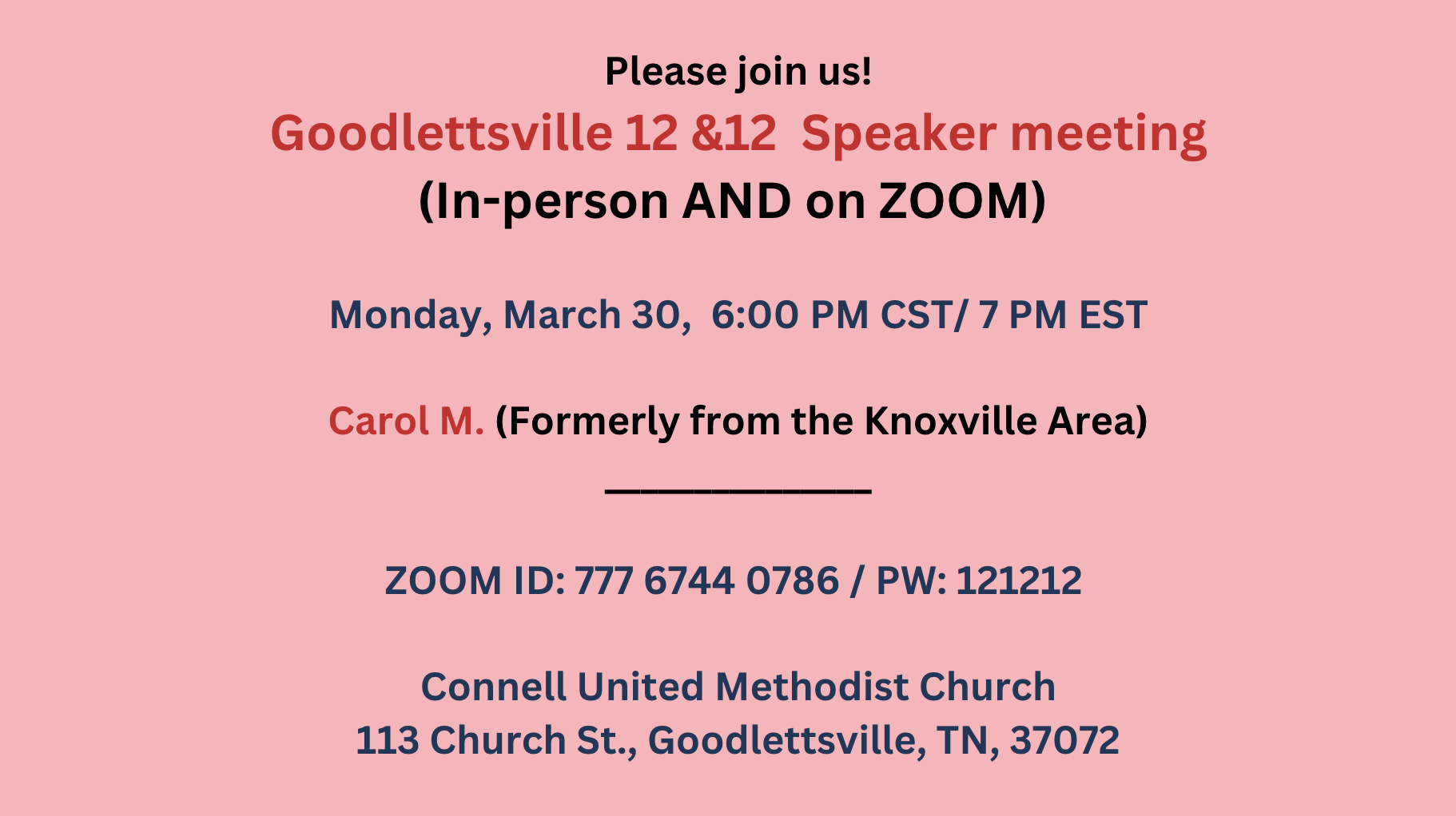 Speaker Mtg - in person & on zoom