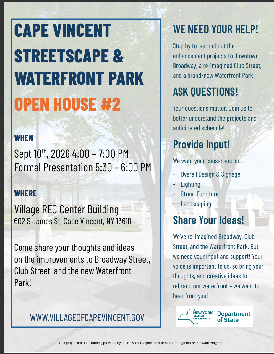 Cape Vincent Streetscape &amp; Waterfront Park Open House 