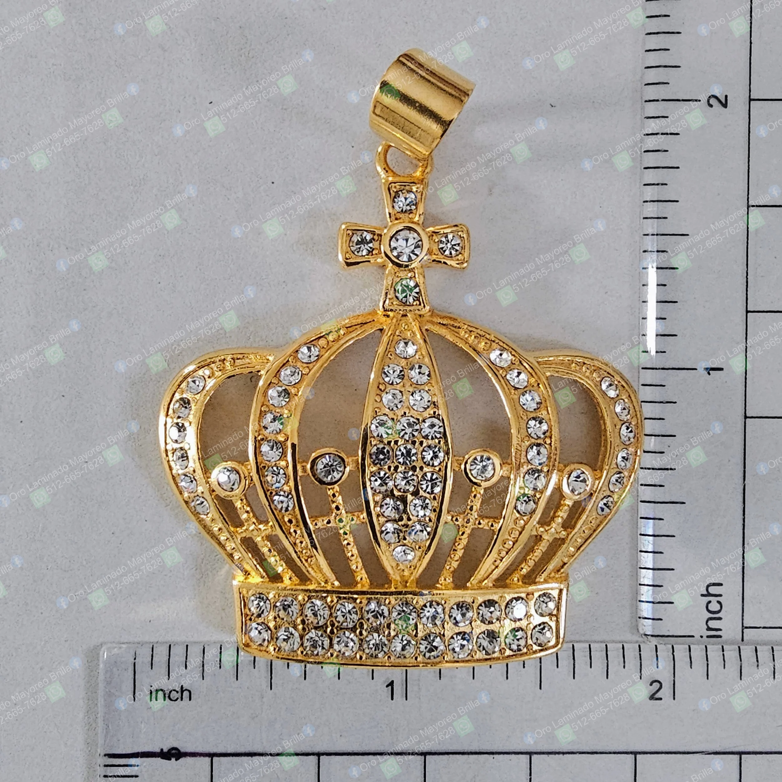 Dije corona con cruz y piedras de acero inoxidable color oro para joyeria mayoreo | Crown with cross pendant stainless steel gold color with sparkling stones for wholesale jewelry