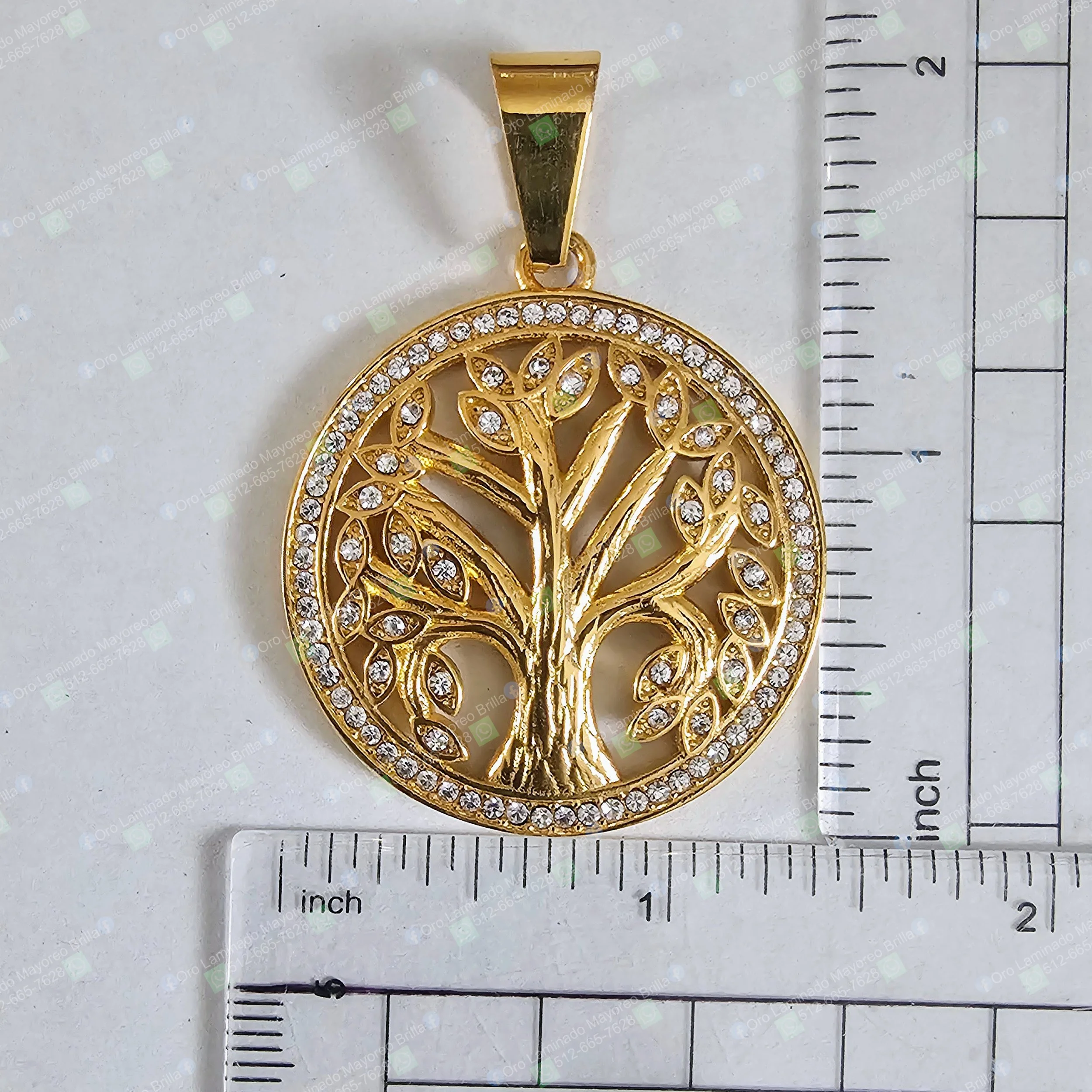 Dije árbol de la vida redondo de acero inoxidable color oro con piedras brillantes para joyería mayoreo | Tree of life round pendant stainless steel gold color