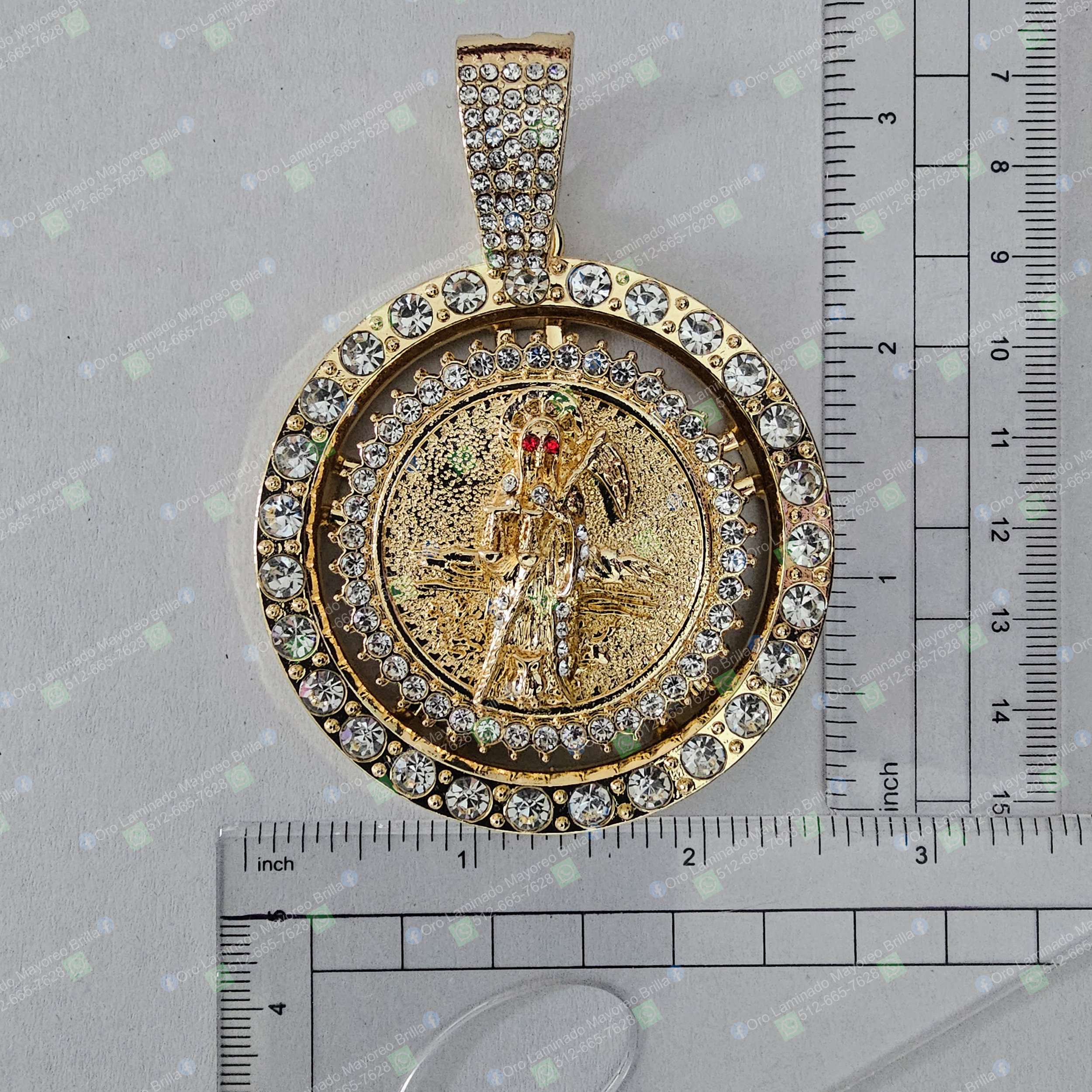 Dije Santa Muerte moneda giratoria color oro con piedras brillantes para joyería mayoreo | Spinning Grim Reaper coin pendant gold color