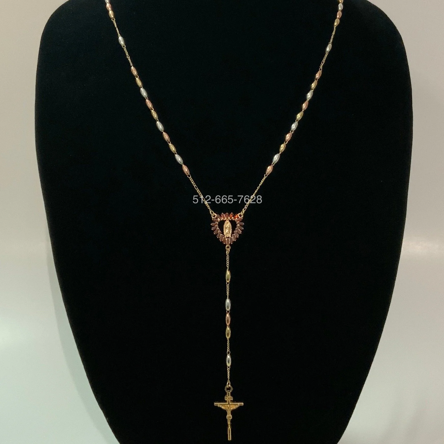 Rosario Laminado en Oro 26" con Cuentas Bicolor y Virgen de Guadalupe | Gold Plated Rosary 26" with Two-Tone Beads and Virgin of Guadalupe