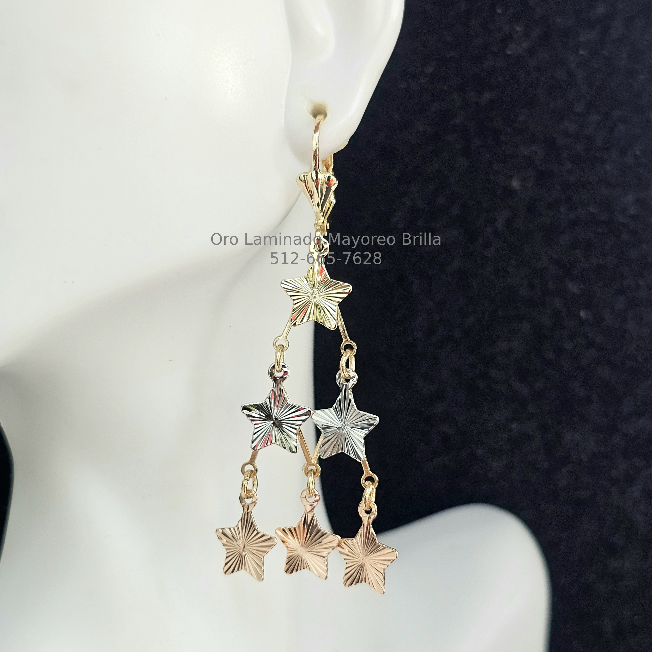 Aretes Estrella Tricolor en Oro Laminado | Tricolor Star Drop Earrings in Laminated Gold