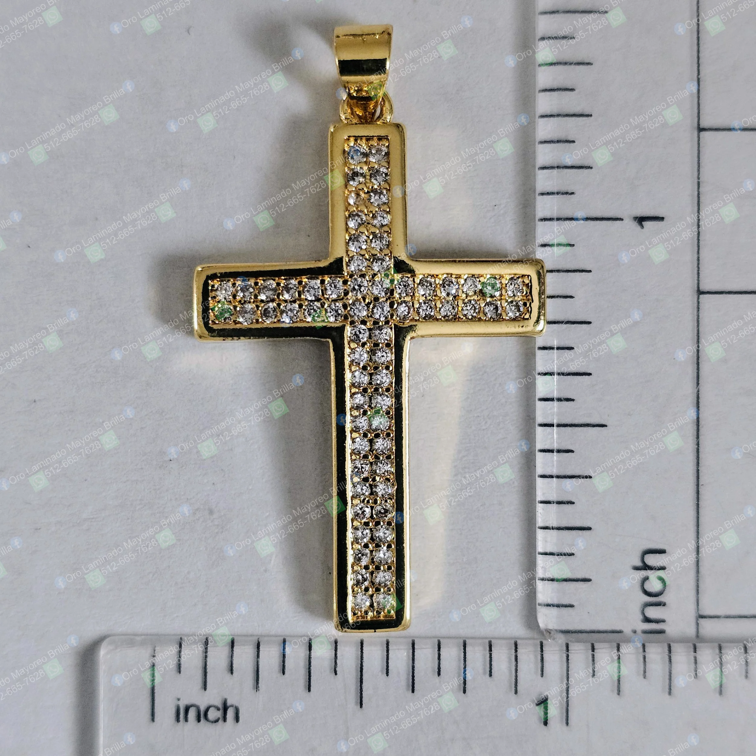 Dije cruz con piedras brillantes color oro joyeria mayoreo | Cross pendant with bright stones gold color wholesale jewelry