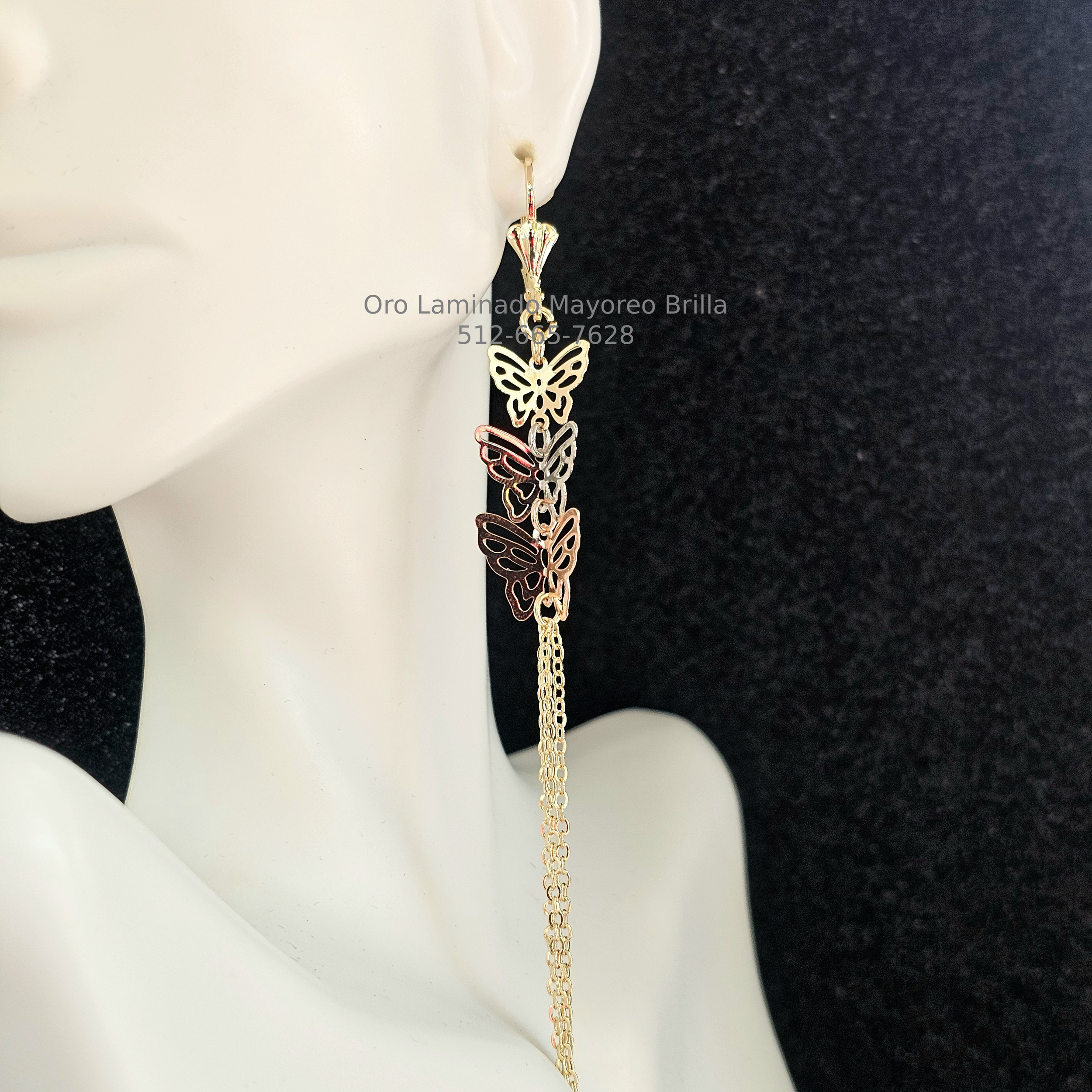 Arete Largo de Mariposas Tricolor con Cadena Dorada | Butterfly Drop Earring