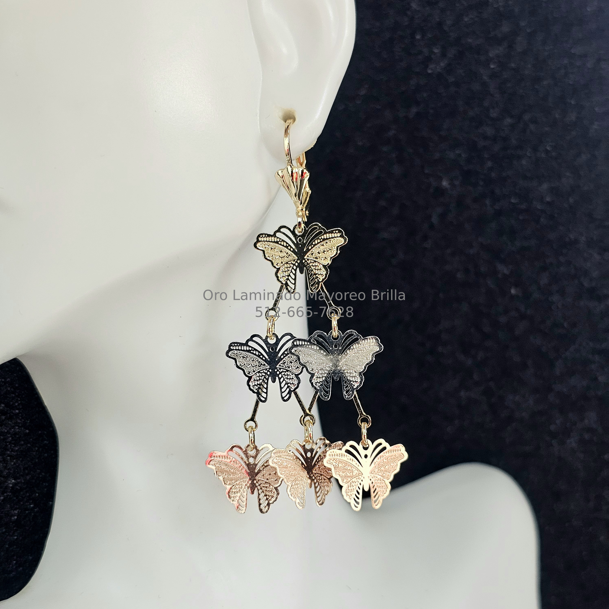 Aretes Mariposa Tricolor en Oro Laminado | Tricolor Butterfly Earrings in Laminated Gold