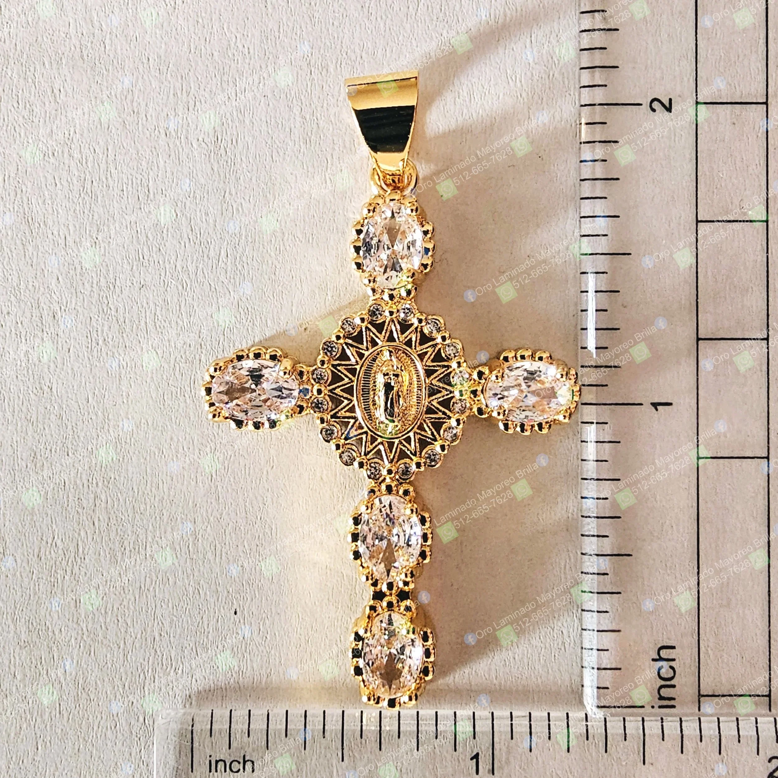 Dije cruz Virgen de Guadalupe con piedras cristal color oro mayoreo | Gold color Virgin Guadalupe cross pendant crystal stones wholesale