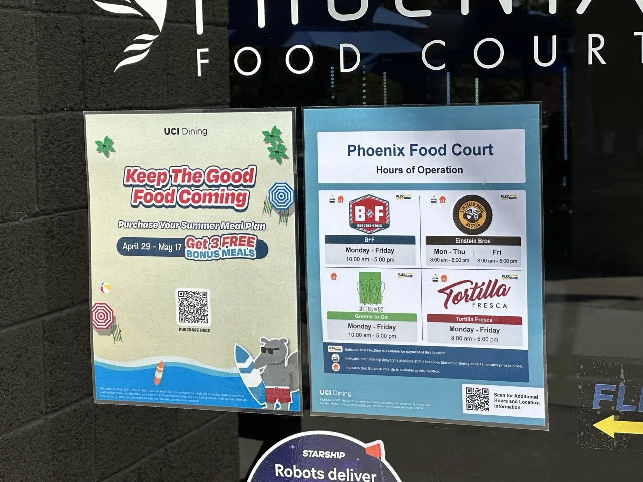 Signage with details of food court hours and promotions at Phoenix Food Court and UCI Dining, with colorful graphics and QR codes for more information.