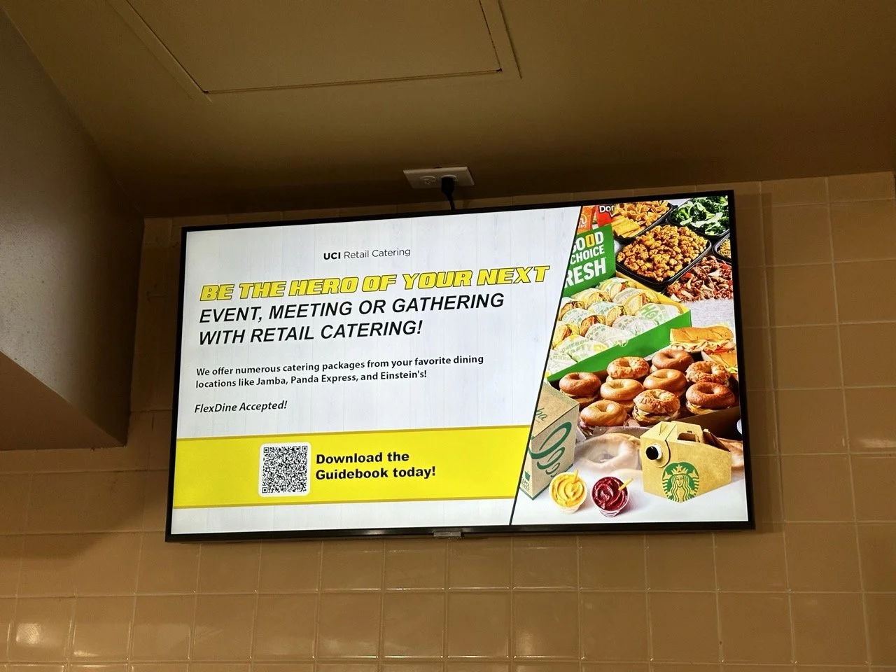 Digital advertisement promoting retail catering services with a photo of various food items including sandwiches, spring rolls, donuts, and Asian dishes.