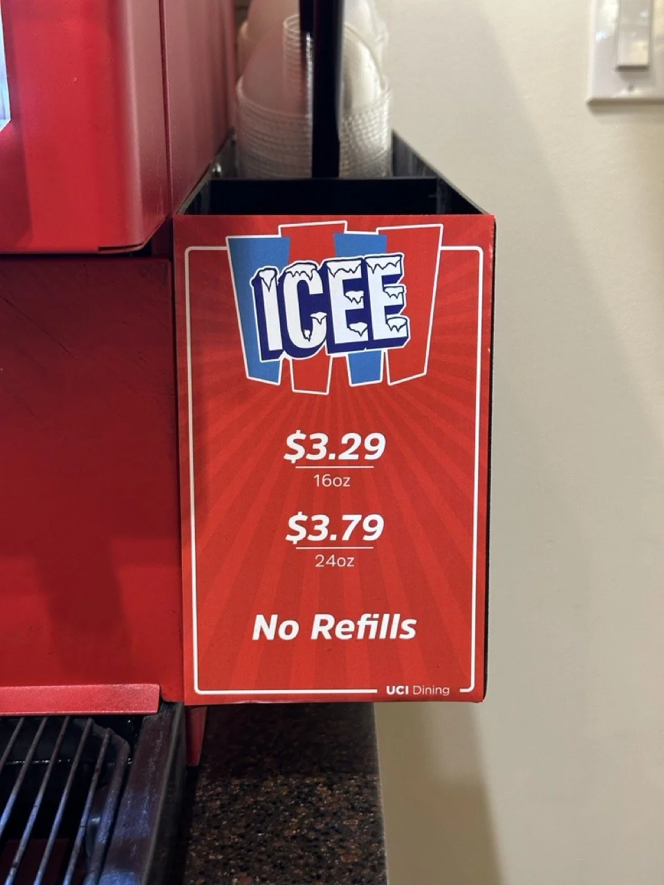 Icee flavor prices menu showing $3.29 for 16oz and $3.79 for 24oz, with a note no refills, at UCI Dining.